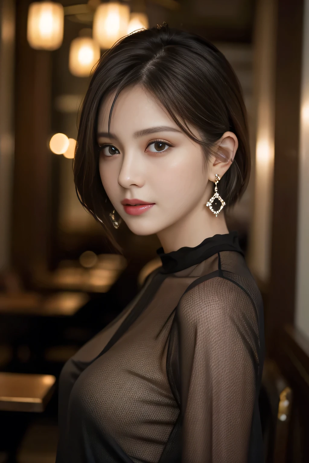 masterpiece, highest quality, Realistic, Very detailed, Finer details, High resolution, 8k wallpaper, One beautiful woman, Wear a black see-through shirt, In a great restaurant, At night, Light brown unkempt short hair, Perfect dynamic composition, Beautiful and beautiful eyes、Big earrings