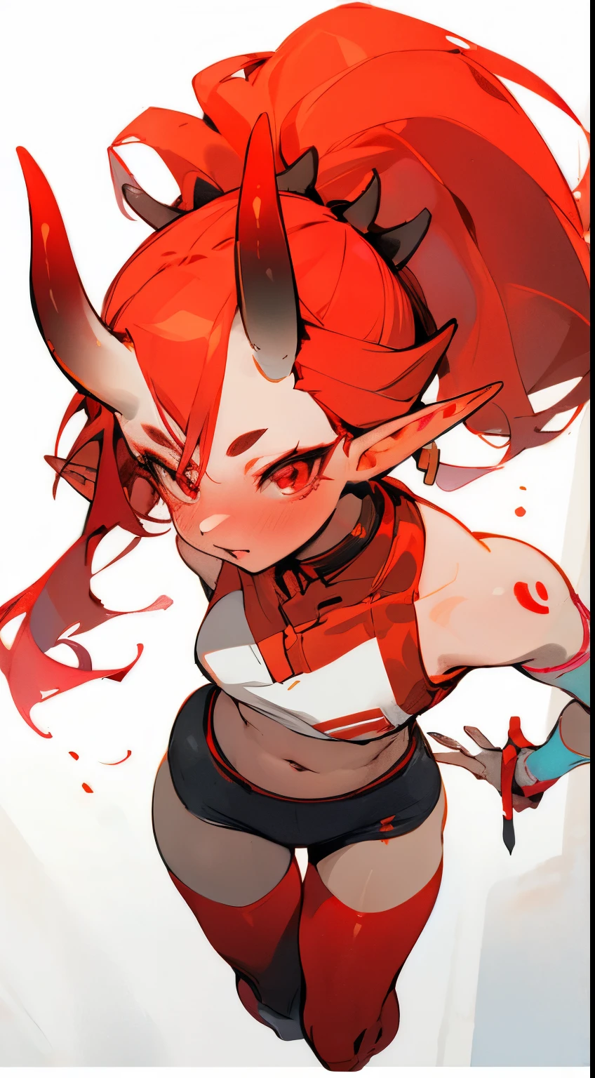 1oniwoman, mature female, red hair, red eyes, seductive, elves ears, oni horns, skin-colored gradient horns, cropped shoulders，White knee-length stockings，High ponytail，Stand up，sporty attire，Top-down view
