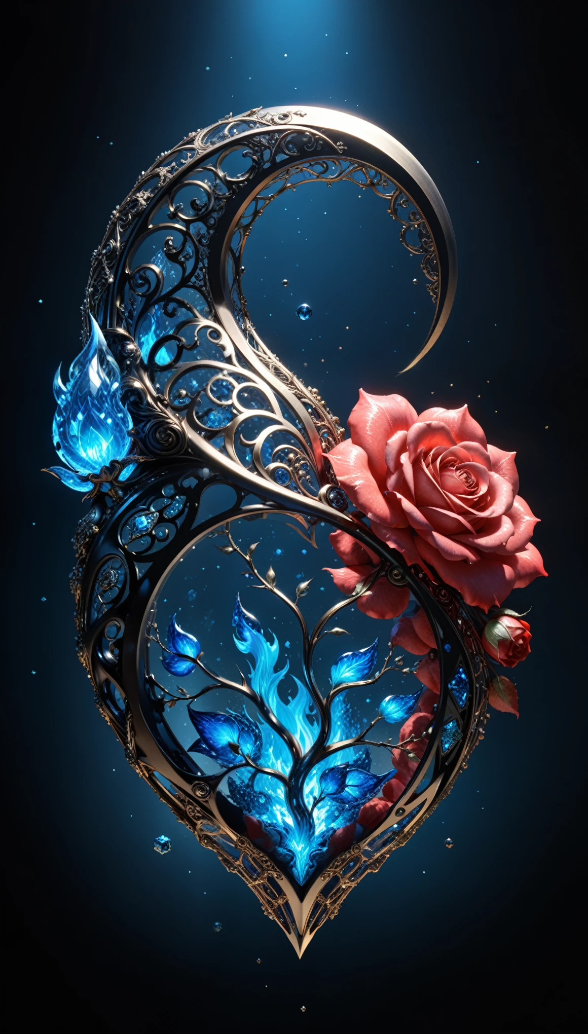 in style of John Bauer,in style of Karol Bak,
conceptual design of the transparent glass human heart (organ),(blue fire heart (organ) closeup:1.4),(Flexible Polyhedron:1.3),(Rose Quartz:1.3),(blue fire draws lines:1.6),
(the red crescent moon background:1.4),sharp,sharp image,(insanely detailed and intricate, hypermaximalist, elegant, ornate, hyper realistic, super detailed:1.1),extremely detailed,Amazing resolution,8k,Ray Tracing,masterpiece,Particle Effects,Beautiful Effects,
BREAK
(darkness:1.4),(extreme shadows:1.4),(Best Shadow:1.4),dark atmosphere,