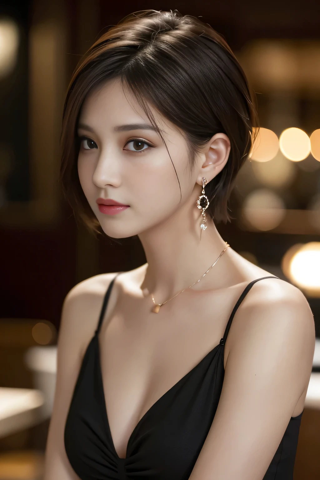 masterpiece, highest quality, Realistic, Very detailed, Finer details, High resolution, 8k wallpaper, One beautiful woman, Wear a black see-through shirt, In a great restaurant, At night, Light brown unkempt short hair, Perfect dynamic composition, Beautiful and beautiful eyes、Big earrings