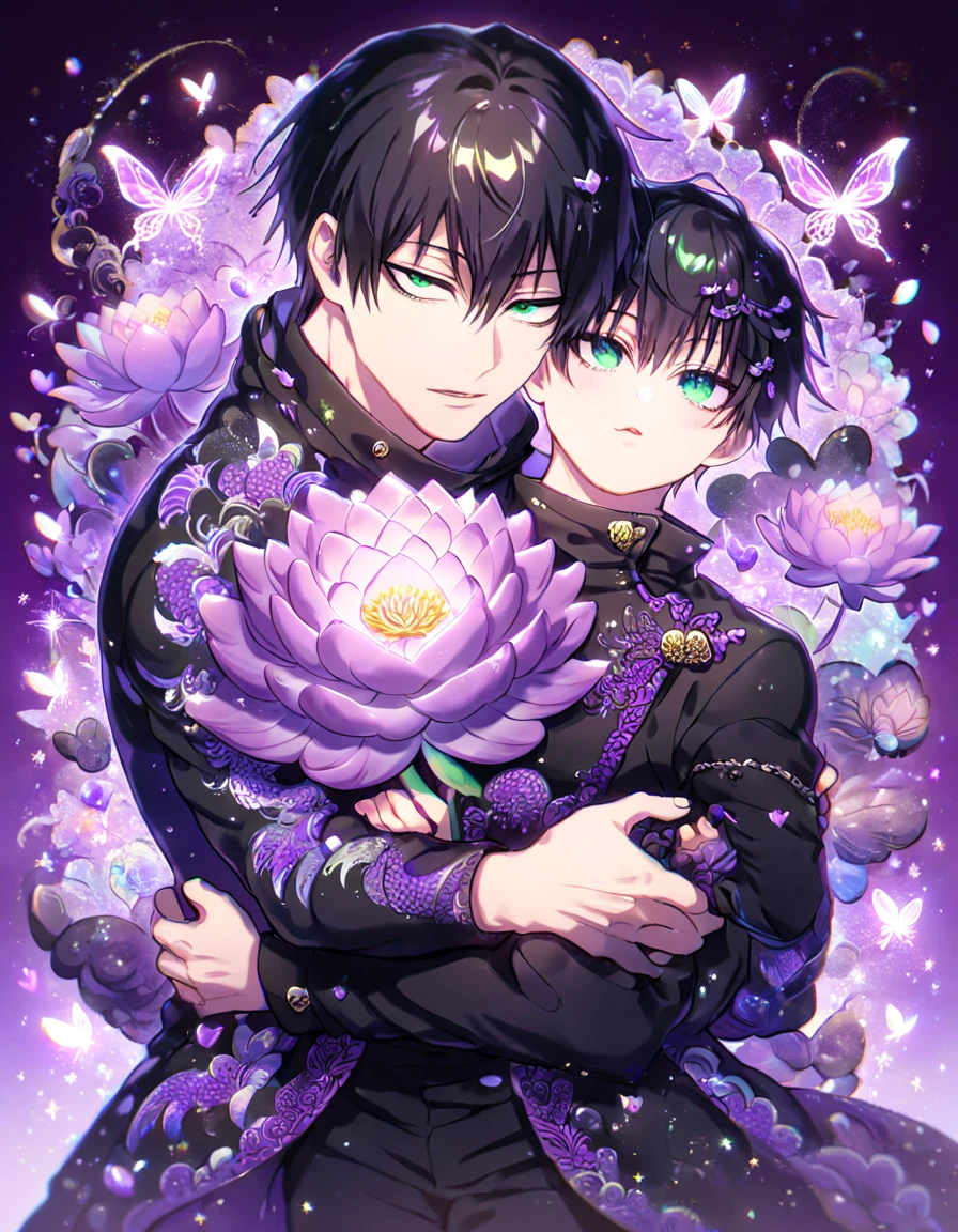 Ultra detailed, Highres, absurdres, HDR, Fushiguro Touji, black straight hair, expressive green eyes, black coat with patterns, Jujutsu Kaisen, black clothes, fantasy, glittering purple butterflies, petals, handsome, sexy man, very detailed eyes and face, master piece, glittering, purple lotus, purple background, hugging a purple dragon, cute, love, magical, toned chest