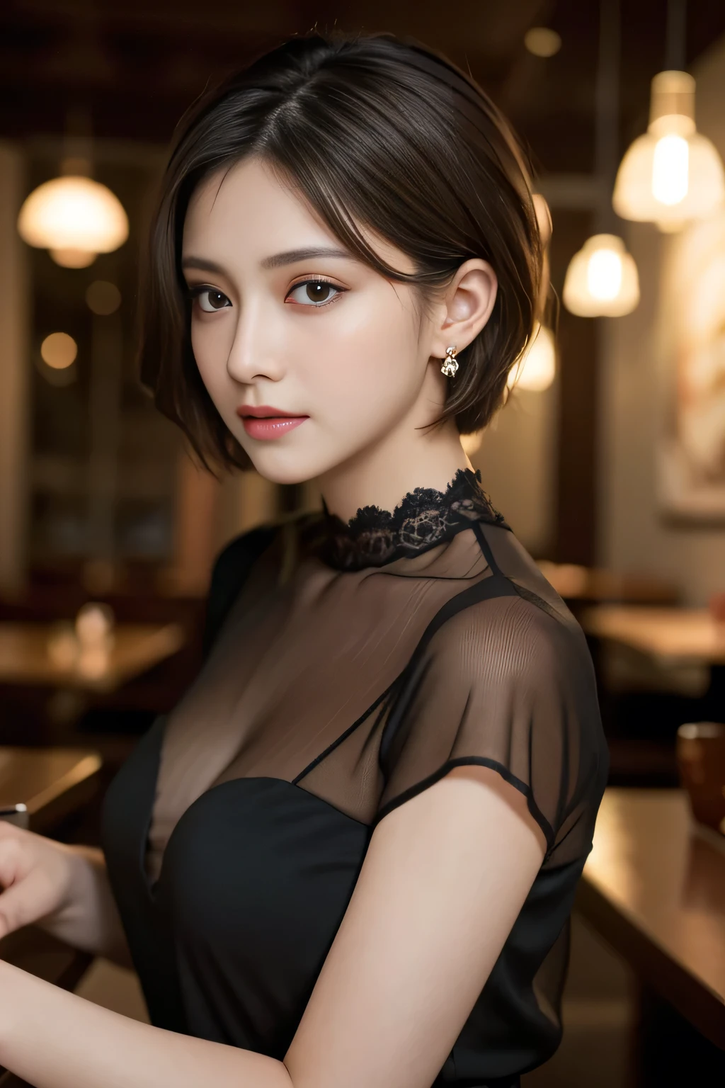 masterpiece, highest quality, Realistic, Very detailed, Finer details, High resolution, 8k wallpaper, One beautiful woman, Wear a black see-through shirt, In a great restaurant, At night, Light brown unkempt short hair, Perfect dynamic composition, Beautiful and beautiful eyes、Big earrings