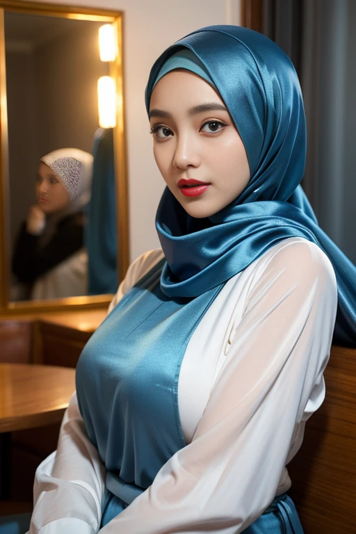 Half body portrait of a 33 years old malay woman sit in front of giant mirror, wearing hijab, wearing blue inner with satin gold slack, narrow waist, indoor shot, looking up at coffee shop sign, soft lighting, smirk face, circle bokeh , big breast, catwalk, morningtime, surrounded by a comfortable, cool atmosphere, looking at the viewer. (Skin details:1.3), hairy hands, Hijab, slim, red lips, seductive with bokeh camera background