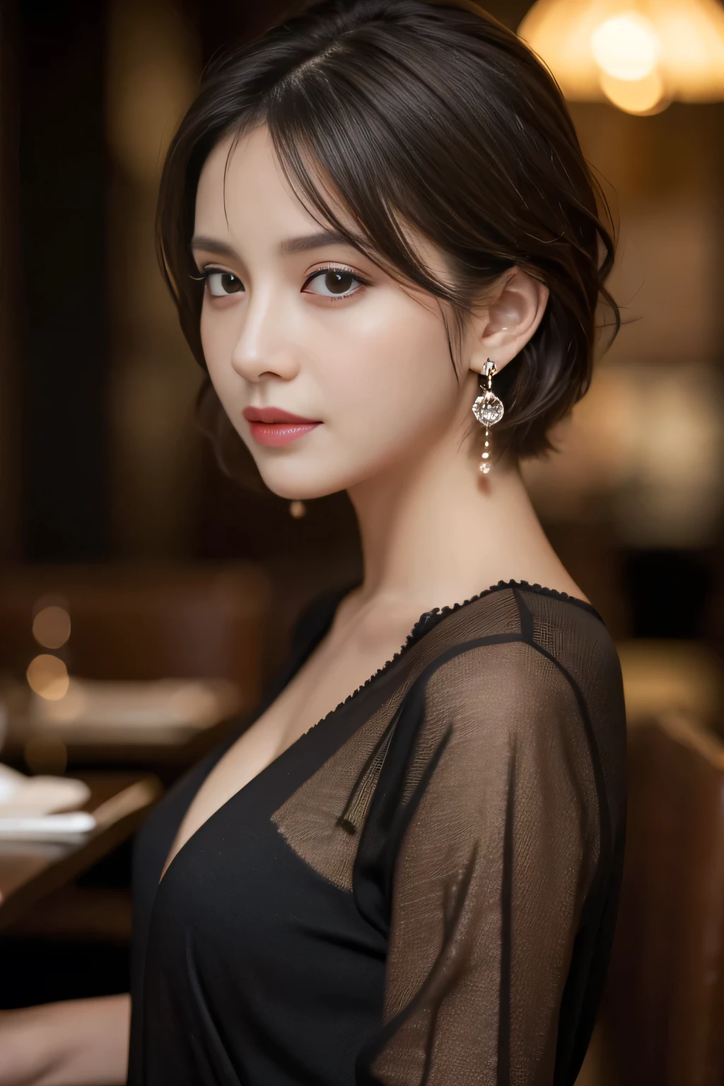masterpiece, highest quality, Realistic, Very detailed, Finer details, High resolution, 8k wallpaper, One beautiful woman, Wear a black see-through shirt, In a great restaurant, At night, Light brown unkempt short hair, Perfect dynamic composition, Beautiful and beautiful eyes、Big earrings