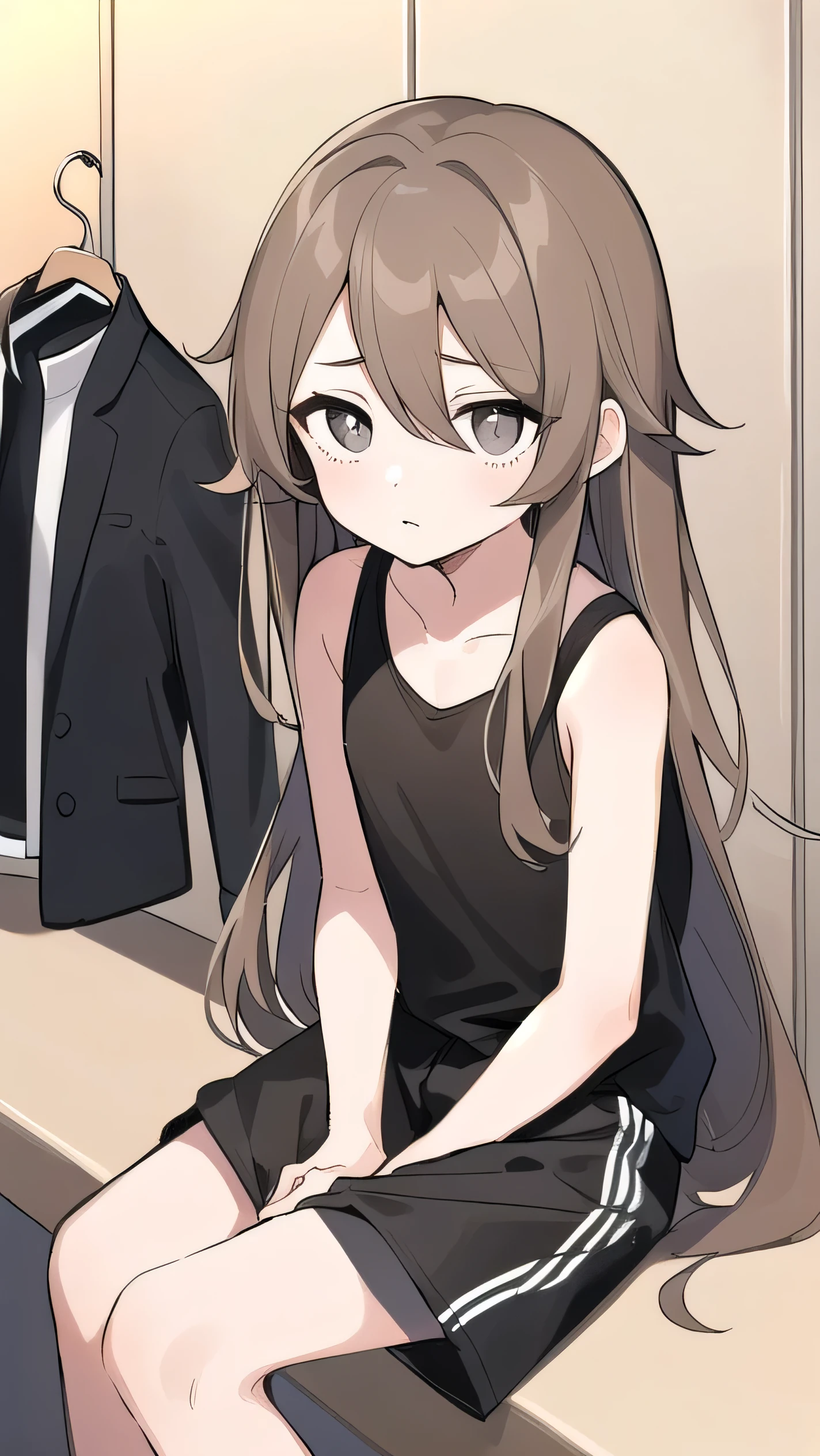 Girl, (light brown hair:1.5), (black eyes:1.1), (big eyes: 1.1), (sagging eyes: 1.5), (very long hair:1.1), hair between eyes,, black tank top, black shorts, white sneakers, (flat chest), (straight hair), very short, only , , 11 years old, ,, (short height:1.3), young face , sleepy face, smooth straight hair, locker room,