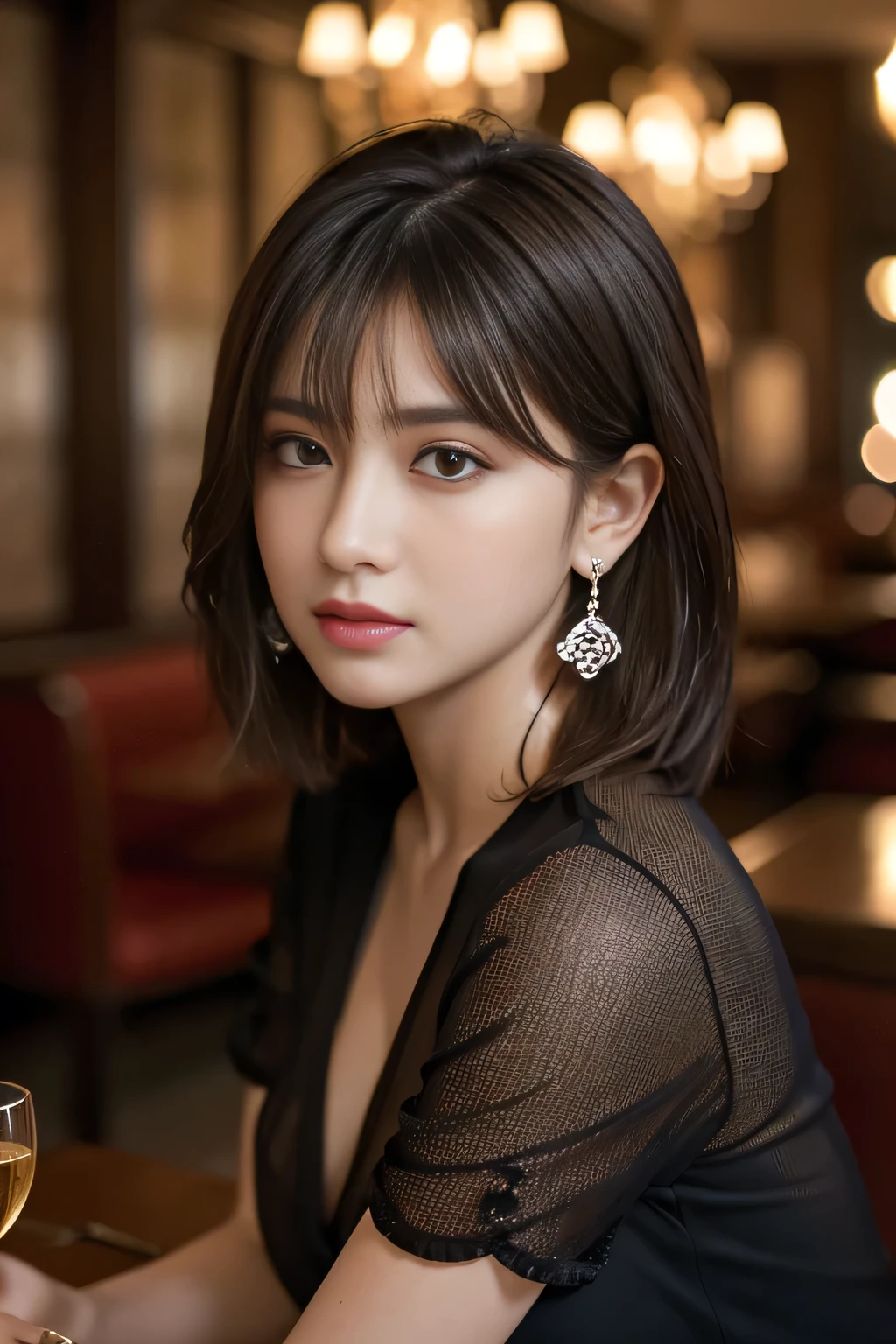 masterpiece, highest quality, Realistic, Very detailed, Finer details, High resolution, 8k wallpaper, One beautiful woman, Wear a black see-through shirt, In a great restaurant, At night, Light brown messy shaggy cut hair, Perfect dynamic composition, Beautiful and beautiful eyes、Big earrings