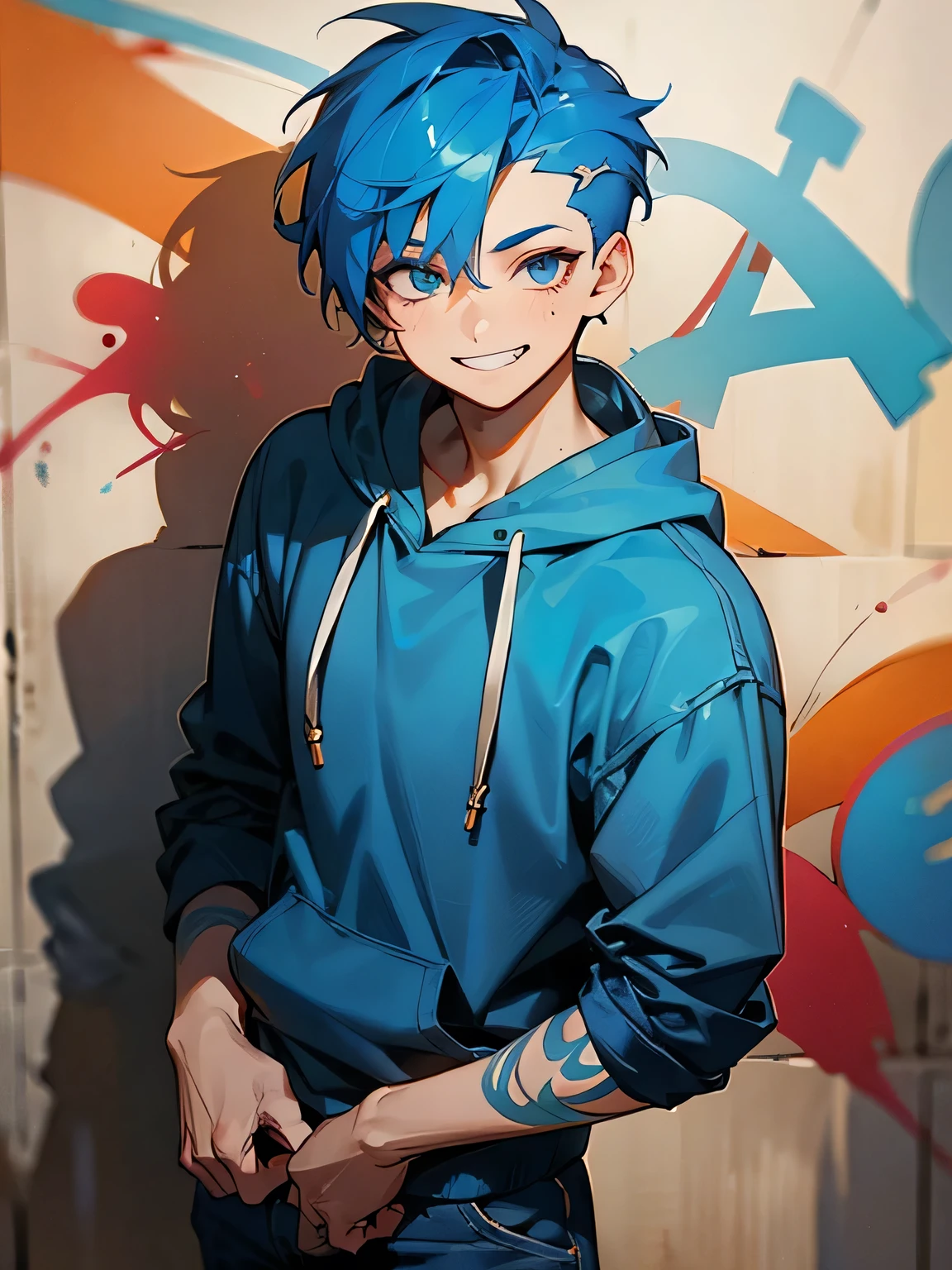 solo, upperbody, short lite blue hair, sidecut, backcut, open forehead, male eyes, male nose, male mouth, grin, lite blue hoodie, deep blue denim pants, sneakers, graffiti,