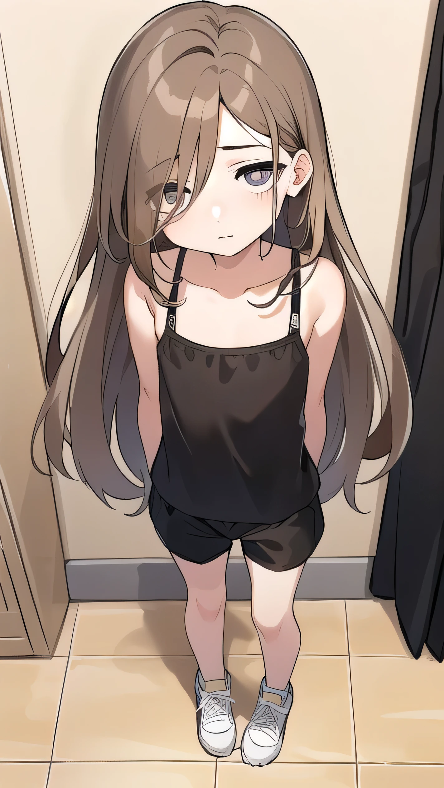 Girl, (light brown hair:1.5), (black eyes:1.1), (big eyes: 1.1), (sagging eyes: 1.5), (very long hair:1.1), hair between eyes，, black tank top, black shorts, white sneakers, (flat chest), (straight hair), very short, only , , , ,, (short height:1.3),  young face , sleepy face, smooth straight hair, locker room, 