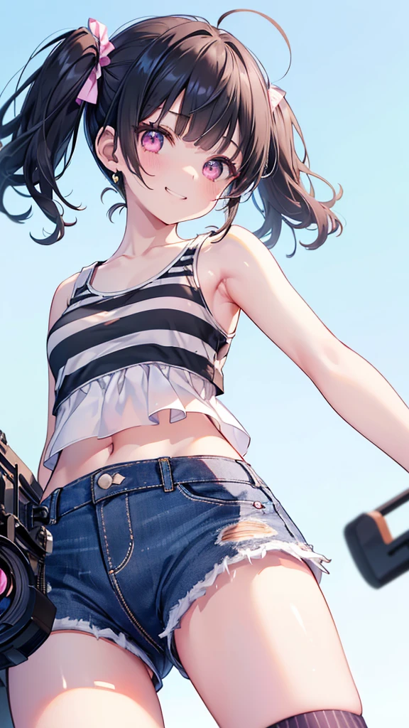 (8k、Best image quality、Highest quality、masterpiece)、Detailed face、1 、Black Hair、((Twin tails))、Blunt bangs、short hair、Wavy Hair、Pink Eyes、Earrings、Wicked Smile、Grin、Small breasts、((White tank top camisole)) 、Denim shorts、((Striped thigh-high socks))、Cowboy Shot、look forward to、((Shooting from below:1.5))、Back Alley Background