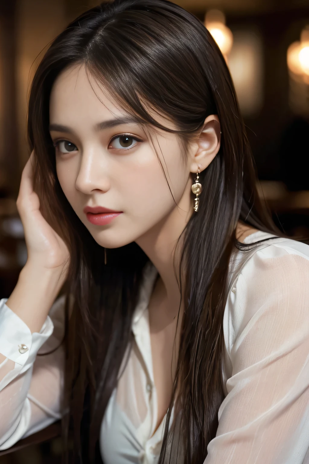 masterpiece, highest quality, Realistic, Very detailed, Finer details, High resolution, 8k wallpaper, One beautiful woman, Wear a black see-through shirt, In a great restaurant, At night, Light brown messy hair, Perfect dynamic composition, Beautiful and beautiful eyes、Big earrings