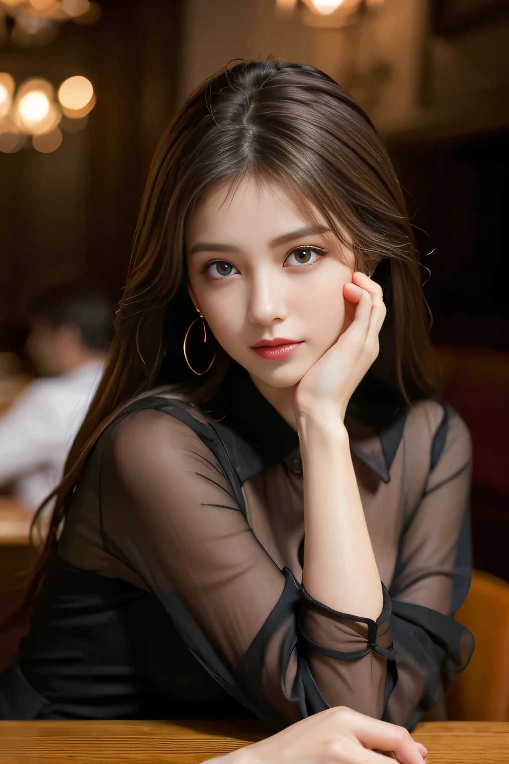 masterpiece, highest quality, Realistic, Very detailed, Finer details, High resolution, 8k wallpaper, One beautiful woman, Wear a black see-through shirt, In a great restaurant, At night, Light brown messy hair, Perfect dynamic composition, Beautiful and beautiful eyes、Big earrings