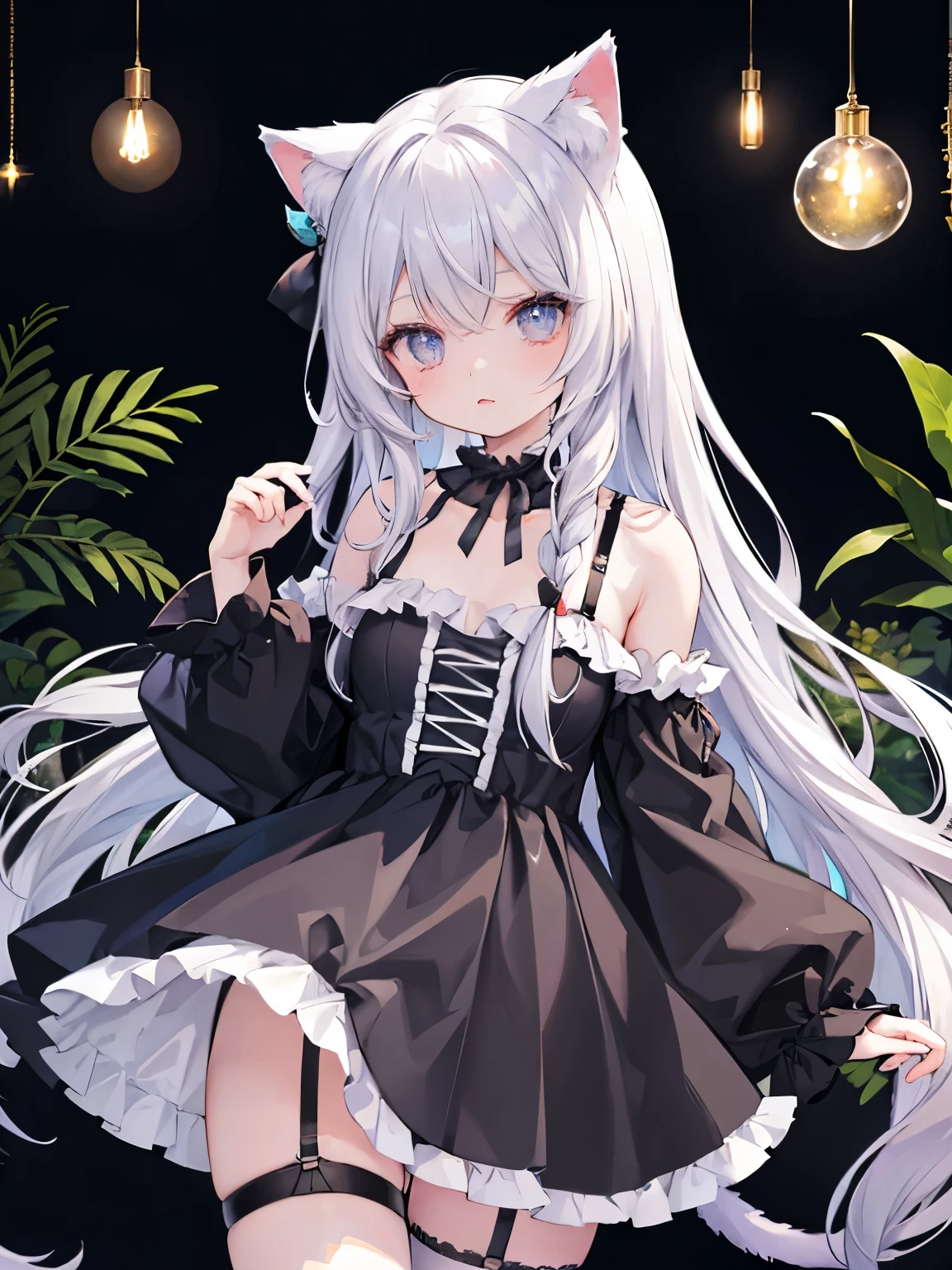 masterpiece, {{{{Highest quality}}}}, beautiful,1 girl, {{{White_long_hair}}}, {{{{One braid extending from the left side of the front hairline to the chest (one side only)}}}}, one side single braid, cat ears(White), cat tail(White), frilled choker、miniskirt_dress, bare_shoulders, garter belt,garter straps