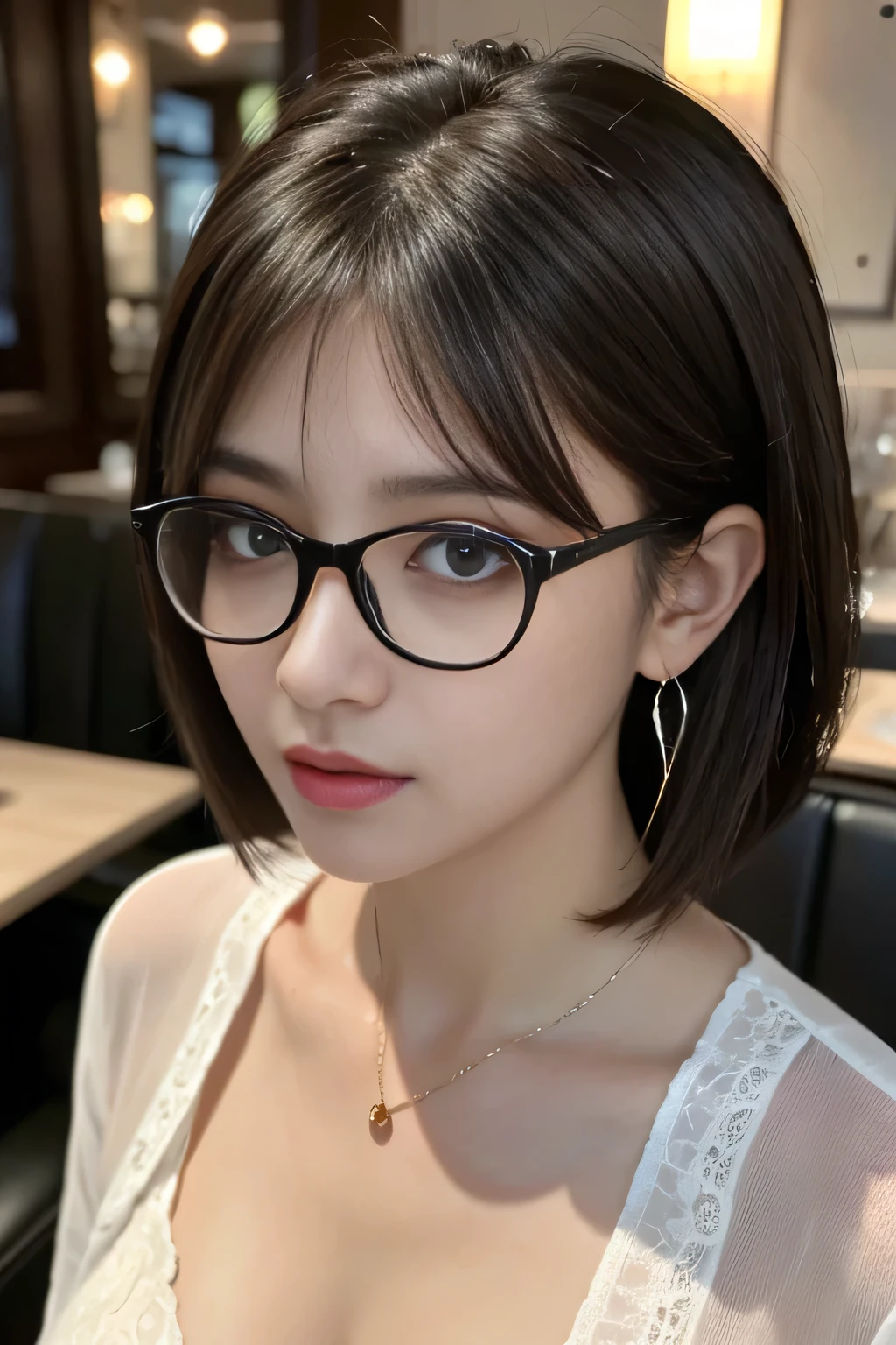 masterpiece, highest quality, Realistic, Very detailed, Finer details, High resolution, 8k wallpaper, One beautiful woman, Wear a black see-through shirt, In a great restaurant, At night, Light brown messy shaggy cut hair, Perfect dynamic composition, Beautiful and beautiful eyes、Big earrings、thin-rimmed glasses