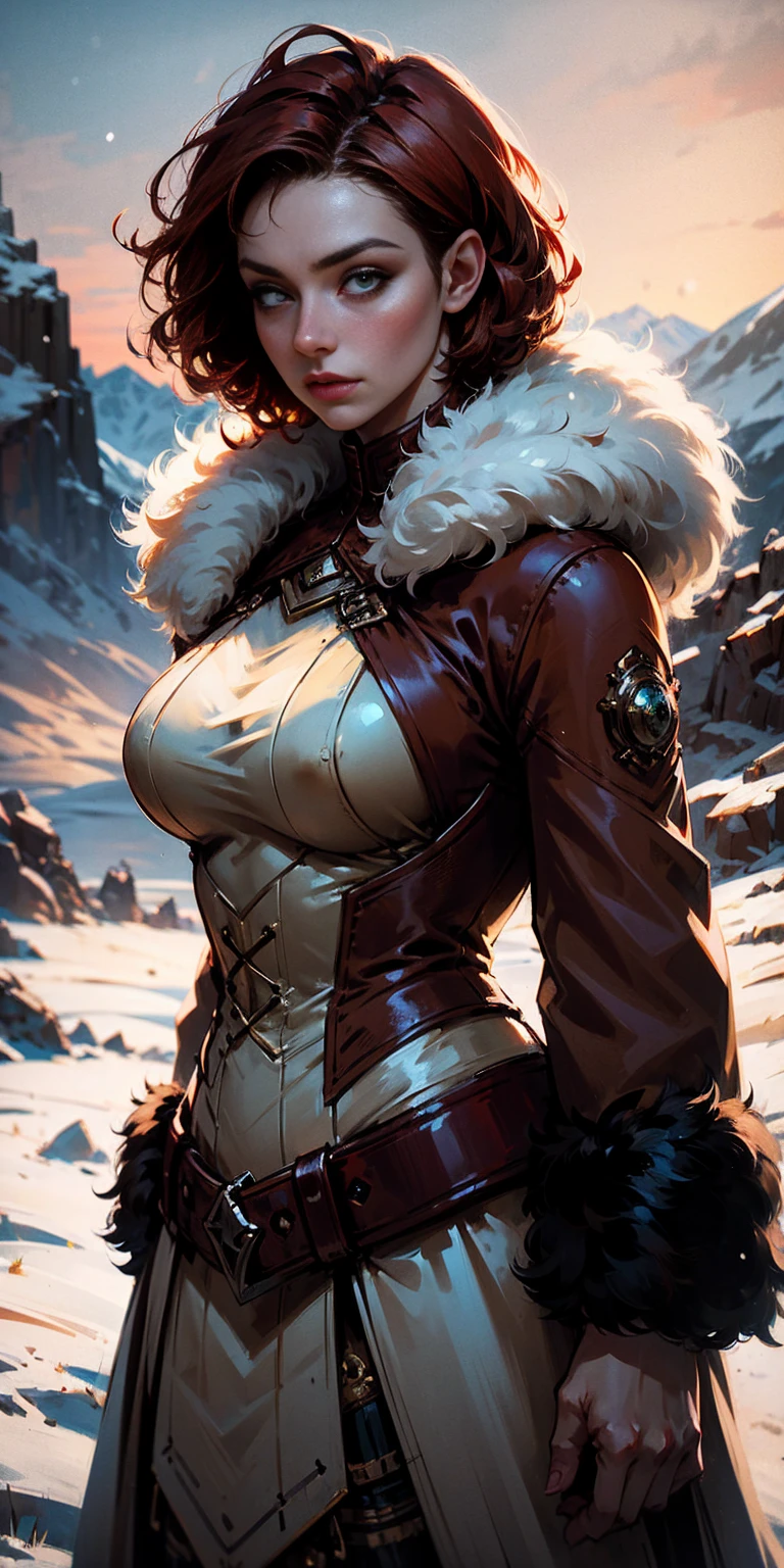 steampunk woman, short curly red hair, ivory fur coat, detailed face, early morning, snowy mountains, depth of field, blurry background