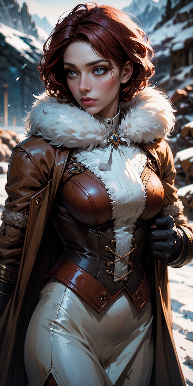steampunk woman, short curly red hair, ivory fur coat, detailed face, early morning, snowy mountains, depth of field, blurry background