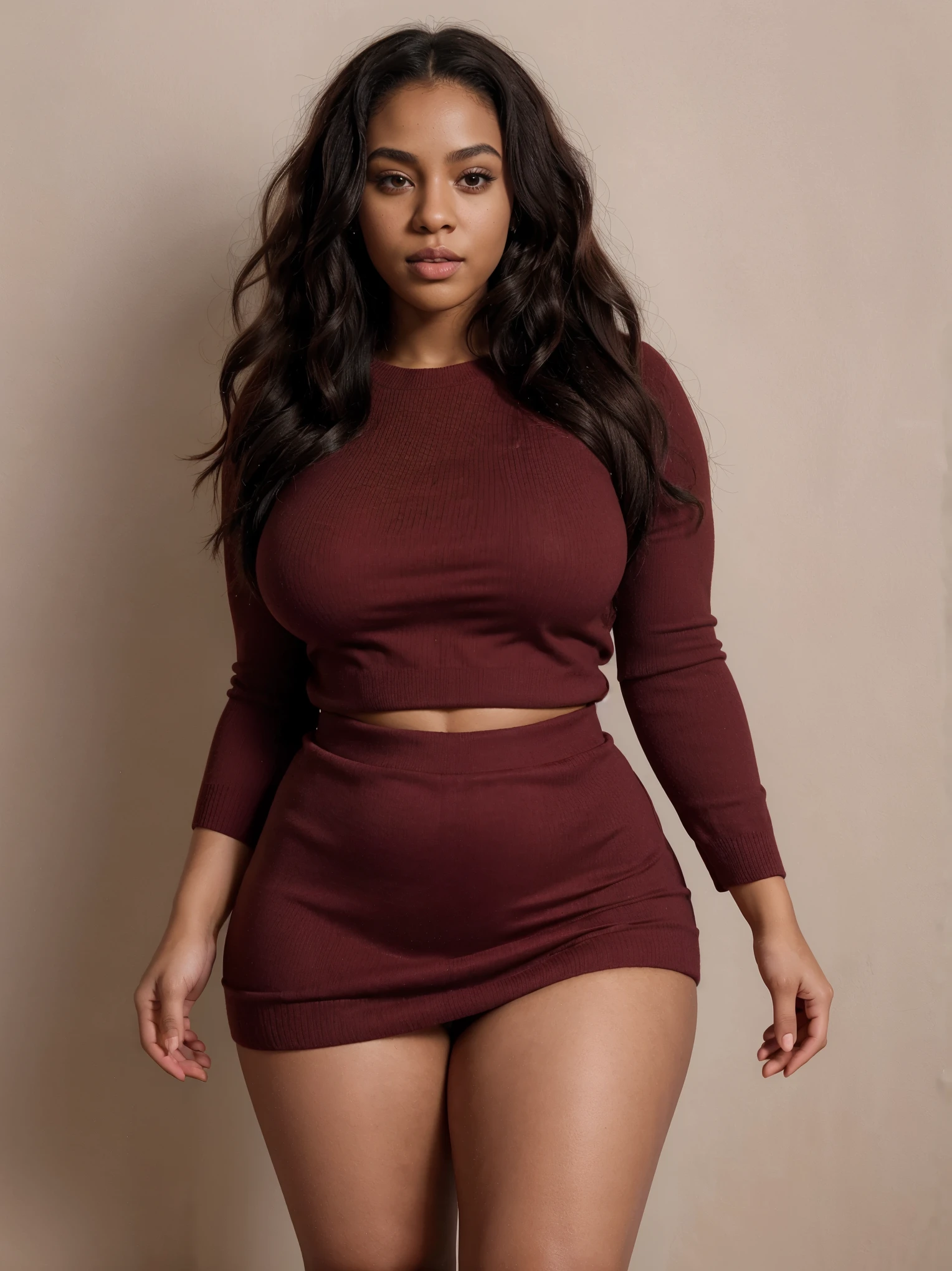 full body, red skirt, sweater red, alone, black woman, curly hair, young goddess, gorgeous black lady, gorgeous black woman, gorgeous female, light skin, beautiful goddess, 24 years old, beautiful eyebrows, brown eyes, very beautiful, fitness body, very attractive, dear, very sweet, beautiful, beautiful model posing, long hair, hourglass waist, wide legs, medium breasts, big buttocks, alone, curvy figure, beautiful thick, thick body, wide hips, thicc, curvy model, curvy accentuated booty, curvy body, skinny waist and thick hips, full body, red skirt, sweater red, alone,
