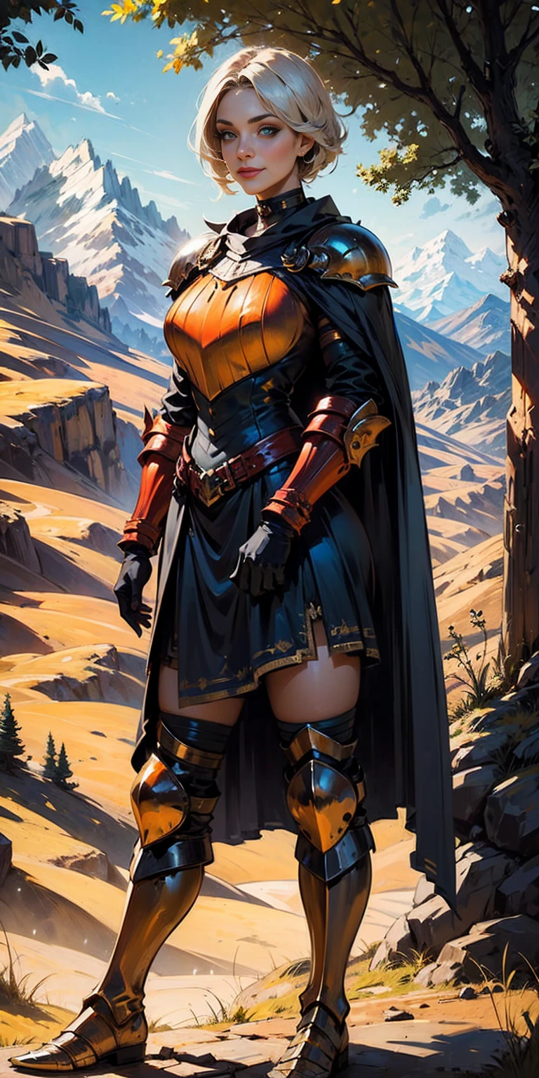 masterpiece, best quality, shez, hair over one eye, choker, armor, cape, black dress, single glove, thighhighs, armored legwear, orange boots, from side, standing, whole body, looking at viewer, smile, closed mouth, trees, mountains