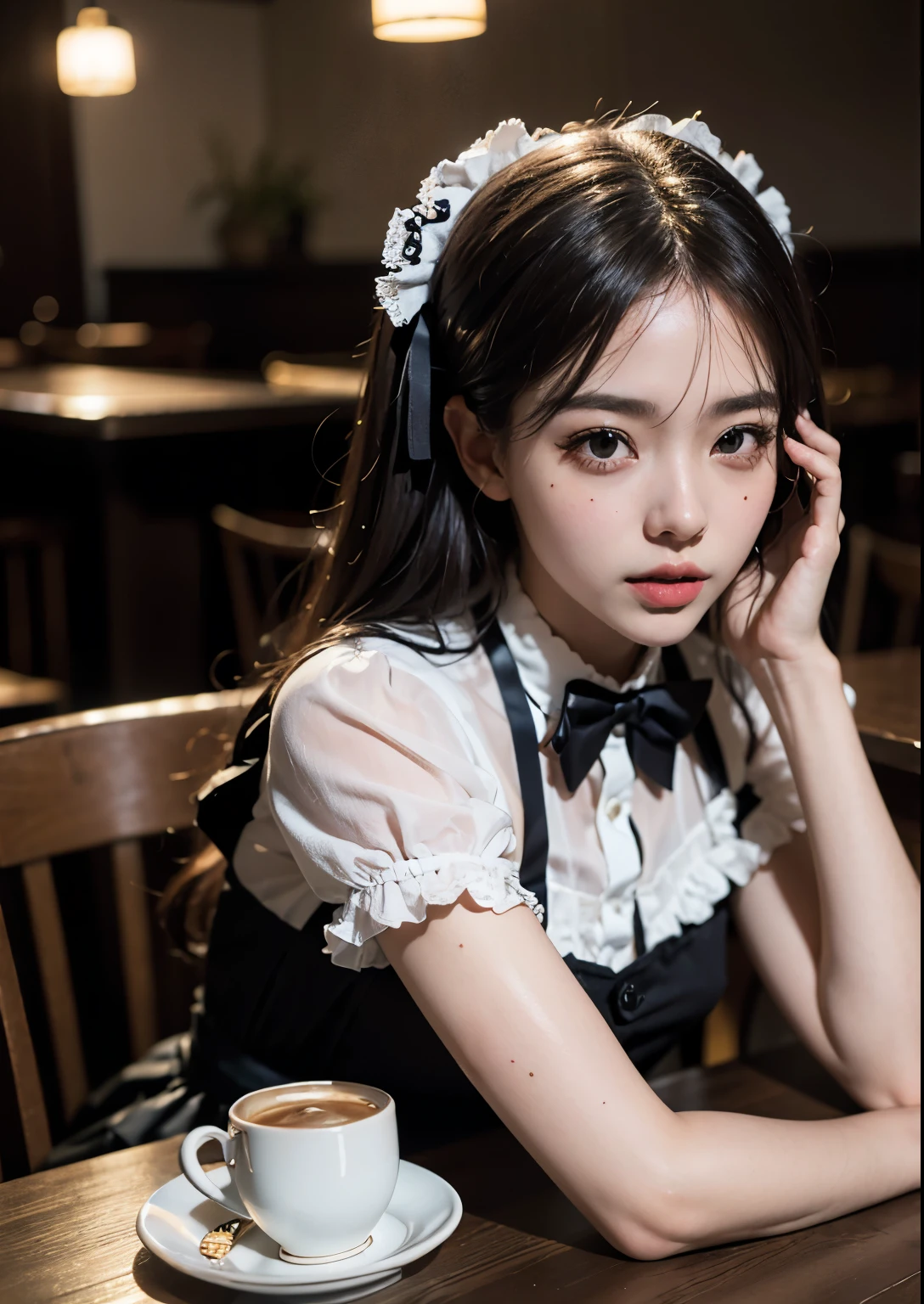 (highest quality:1.2), In 8K, RAW photo, (brown eyes, lolita fashion, :1.2), Full body Esbian, amazing beautiful girl, transparent aura,face light, Pueros face,professional lighting, cinematic lighting, detailed face, Cafe,background bokeh,, long wavy brown hair