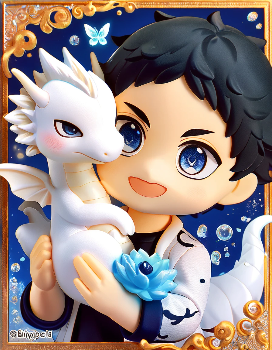 absurdres, highres, ultra detailed, HDR, master piece, best quality, Akaashi Keiji nendoroid, black hair, expressive dark blue eyes, haikyuu, cute, hugging a white dragon, white jacket, black shirt, patterns, magical, fantasy, blue background, blue lotus, shining, blue petals, blue glittering butterflies