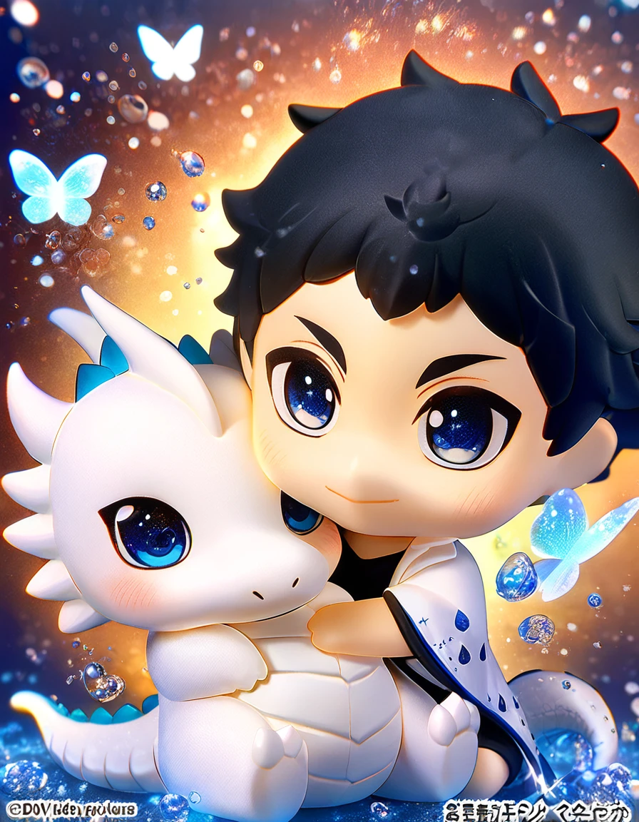 absurdres, highres, ultra detailed, HDR, master piece, best quality, Akaashi Keiji nendoroid, black hair, expressive dark blue eyes, haikyuu, cute, hugging a white dragon, white jacket, black shirt, patterns, magical, fantasy, blue background, blue lotus, shining, blue petals, blue glittering butterflies