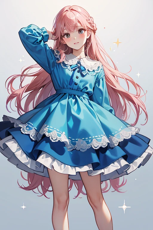 Karen is a human with white skin and brown eyes. She has long pink hair, having bangs like her brother. She has blush marks on her face. Her part of her hair is tied into a braid, with two blue ribbons on the side of her hair, holding her hair. She wears an blue dress, with a white neck collar, and blue shoes. SPARKLE; GLITTER