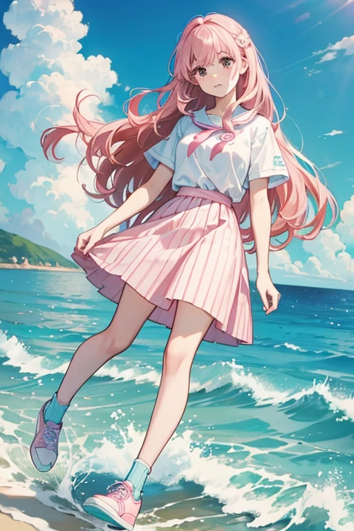 Karen is a human with white skin and brown eyes. She has long pink hair, having bangs. She also sometimes wears an white short-sleeved top, with an pink ribbon on it. The shirt is tucked into an long mint blue skirt. There are white lines that looks like the ocean waves on the end of it. She still wears blue shoes.