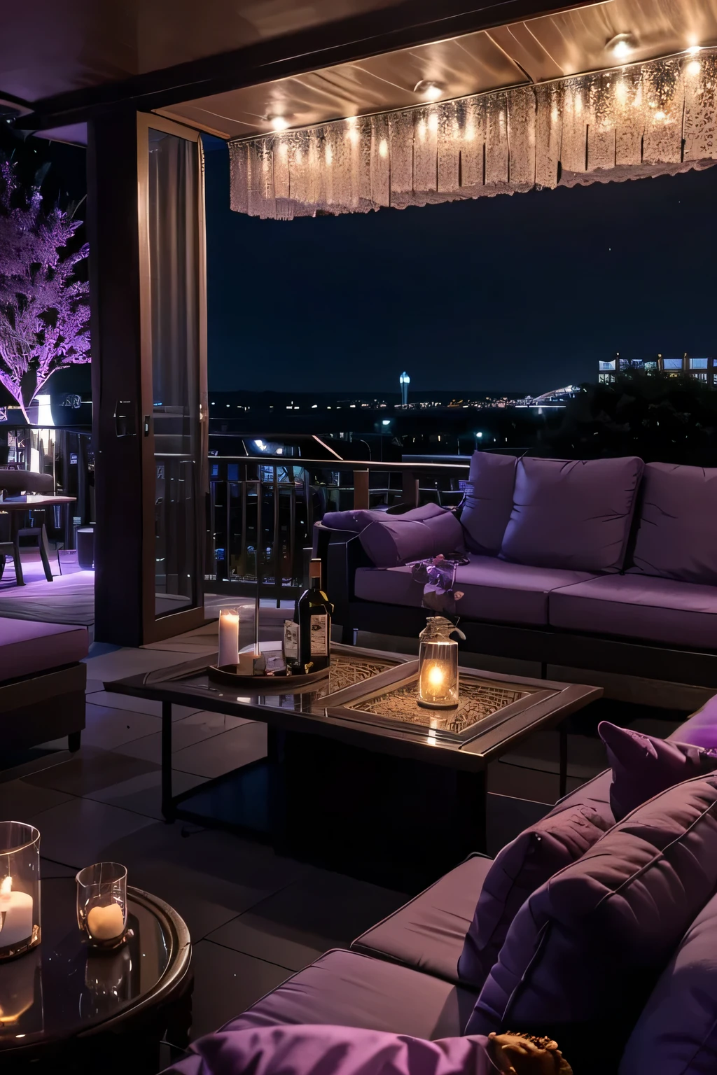 Imagine an outdoor terrace at dusk, where the sky fades into twilight over the sea. Plush purple sofas and cushions invite you to relax, while a glass barrier offers an unobstructed view of the horizon. The ambiance is set aglow with candles and hanging lights that mimic glass jars, casting a warm light across the space. In the background, an indoor bar beckons with shelves stocked with bottles and glasses. A tree, bathed in purple light, adds a whimsical touch to the luxurious setting, perfect for a tranquil evening or a social gathering.