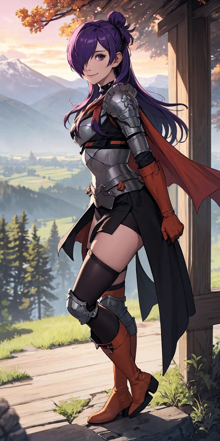 masterpiece, best quality, Shez, hair over one eye, choker, armor, cape, black dress, single glove, thigh highs, armored leg wear, orange boots, from side, standing, whole body, looking at viewer, smile, closed mouth, trees, mountains