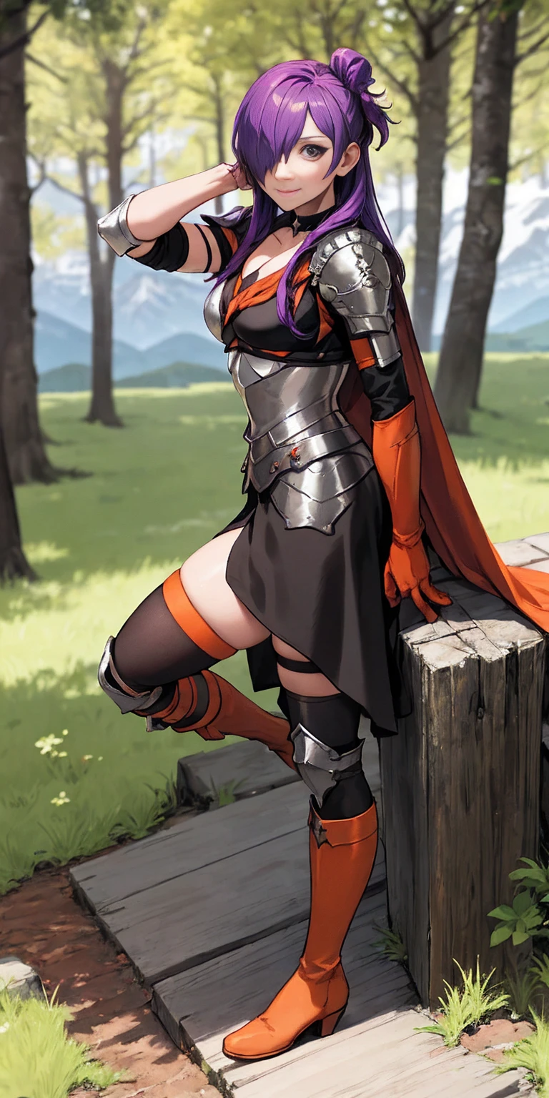 masterpiece, best quality, Shez, hair over one eye, choker, armor, cape, black dress, single glove, thigh highs, armored leg wear, orange boots, from side, standing, whole body, looking at viewer, smile, closed mouth, trees, mountains