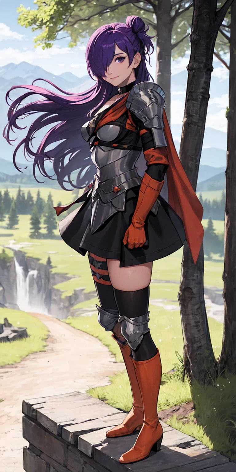 masterpiece, best quality, Shez, hair over one eye, choker, armor, cape, black dress, single glove, thigh highs, armored leg wear, orange boots, from side, standing, whole body, looking at viewer, smile, closed mouth, trees, mountains