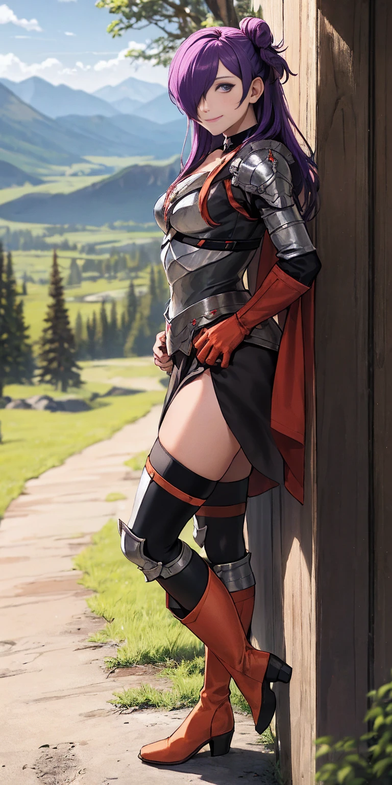 masterpiece, best quality, Shez, hair over one eye, choker, armor, cape, black dress, single glove, thigh highs, armored leg wear, orange boots, from side, standing, whole body, looking at viewer, smile, closed mouth, trees, mountains