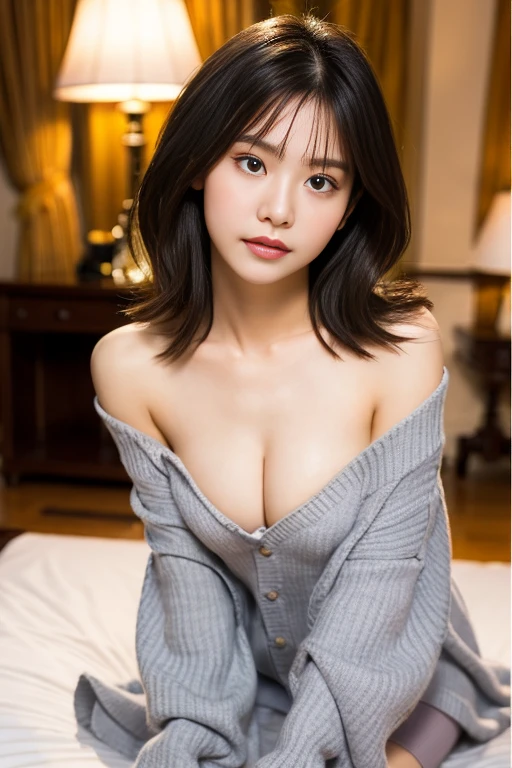 , (Mature body), Solitary,Long gray hair,black hair color, Off-shoulder, black eyes,1 Sister,A sexy pose,best quality,masterpiece,light,Extremely exquisite and beautiful,CG,Unite,8k wallpaper,Astonishing,detailed,masterpiece,Official Art,The content is very detailed Cg Unite 8k wallpaper,Extremely ridiculous,Huge file size,ultra - detailed,high resolution,The content is very detailed,Beautiful and delicate girl,Practical,full,Hotel Room,Light Contrast, Lopez, fully body photo, full, White under underwear