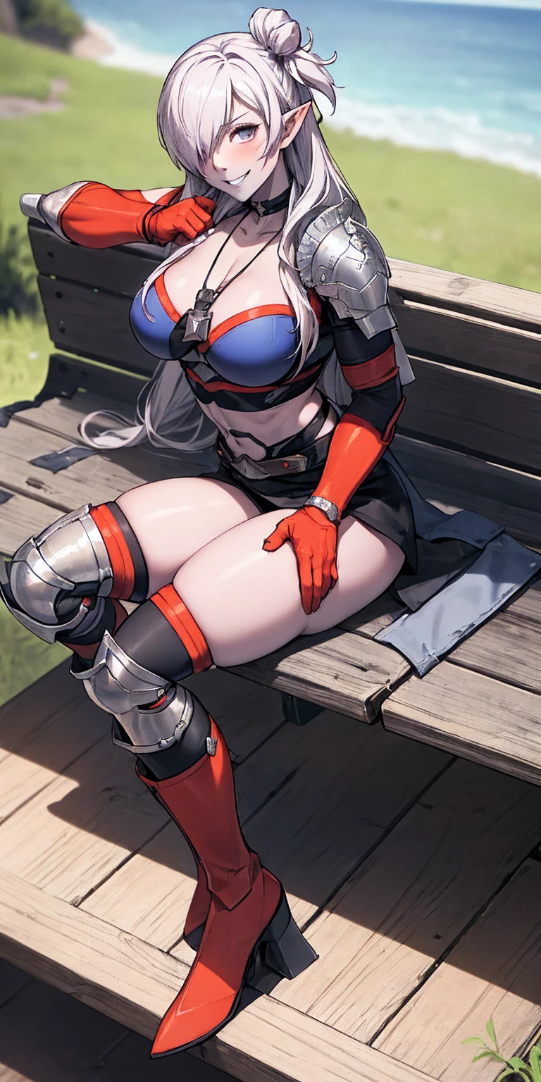 Shez, hair over one eye, choker, full body sitting on a bench showing  to me, BLUE breastplate, BLUE skin (1girl)(BLUE skin:1.2), looking at viewer, shiny, armor, thigh highs, high boots, pauldrons shoulder armor, faulds, poleyn, gloves, gauntlets, rerebrace armored boots, (masterpiece, best quality, ultra-detailed, best shadow) yordle pointy ears muscular lean platinum blonde long twin-tails hairstyle at the office  smirking smile face red blushed, blush, strong abs, female body builder, tiara, twin drills hair