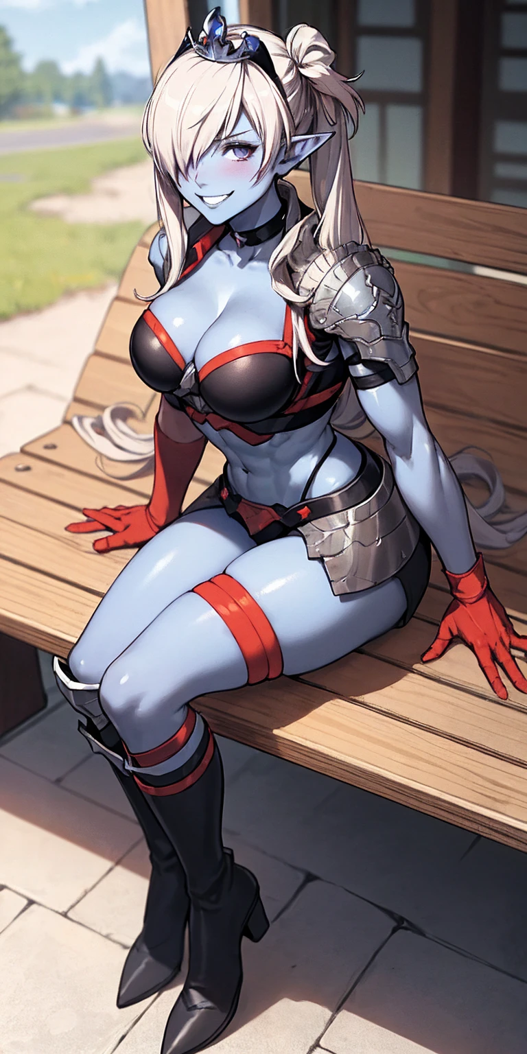 Shez, hair over one eye, choker, full body sitting on a bench showing ass to me, BLUE breastplate, BLUE skin (1girl)(BLUE skin:1.2), looking at viewer, shiny, armor, thigh highs, high boots, pauldrons shoulder armor, faulds, poleyn, gloves, gauntlets, rerebrace armored boots, (masterpiece, best quality, ultra-detailed, best shadow) yordle pointy ears muscular lean platinum blonde long twin-tails hairstyle at the office lustful smirking smile face red blushed, blush, strong abs, female body builder, tiara, twin drills hair