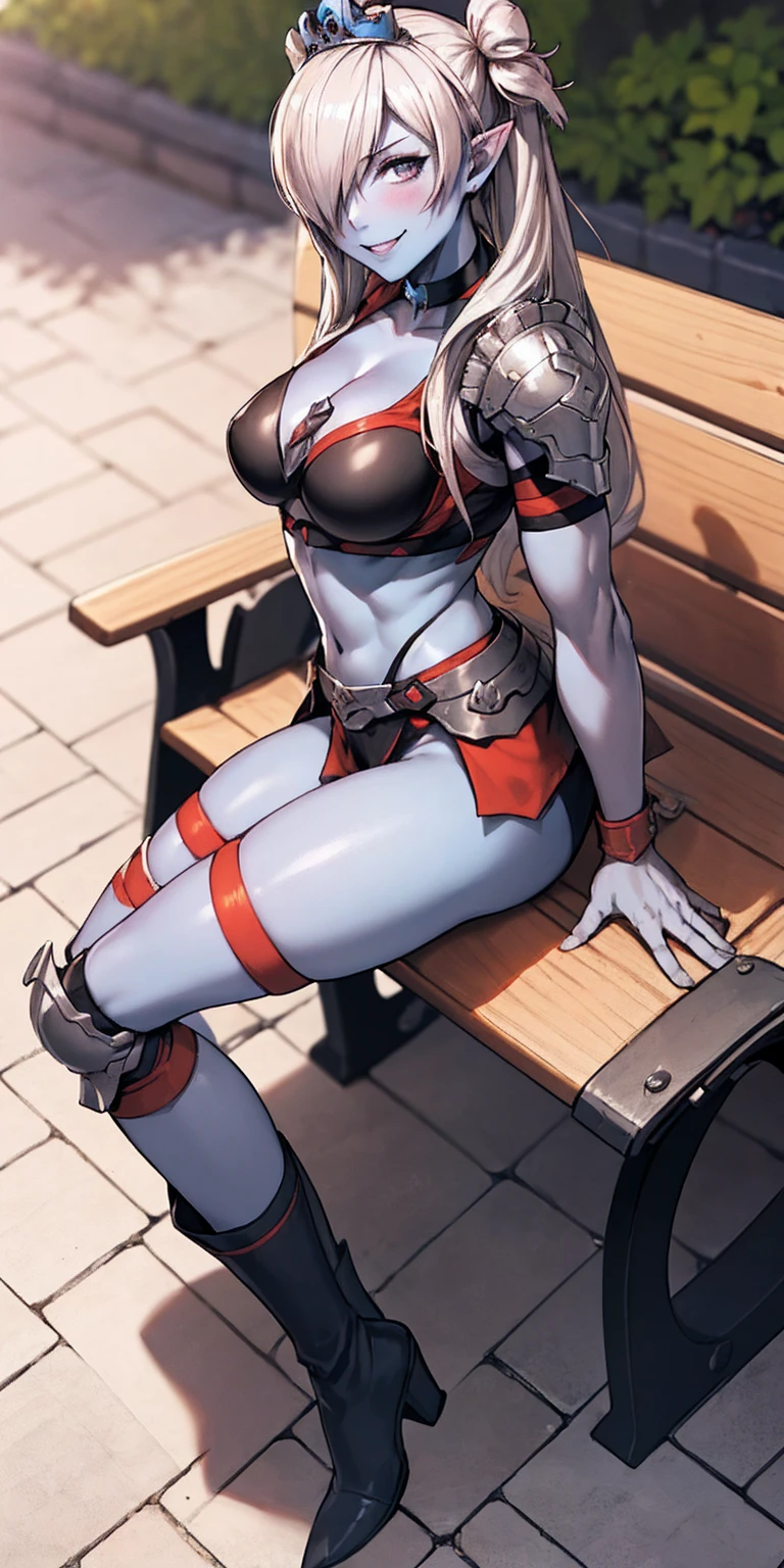 Shez, hair over one eye, choker, full body sitting on a bench showing ass to me, BLUE breastplate, BLUE skin (1girl)(BLUE skin:1.2), looking at viewer, shiny, armor, thigh highs, high boots, pauldrons shoulder armor, faulds, poleyn, gloves, gauntlets, rerebrace armored boots, (masterpiece, best quality, ultra-detailed, best shadow) yordle pointy ears muscular lean platinum blonde long twin-tails hairstyle at the office lustful smirking smile face red blushed, blush, strong abs, female body builder, tiara, twin drills hair