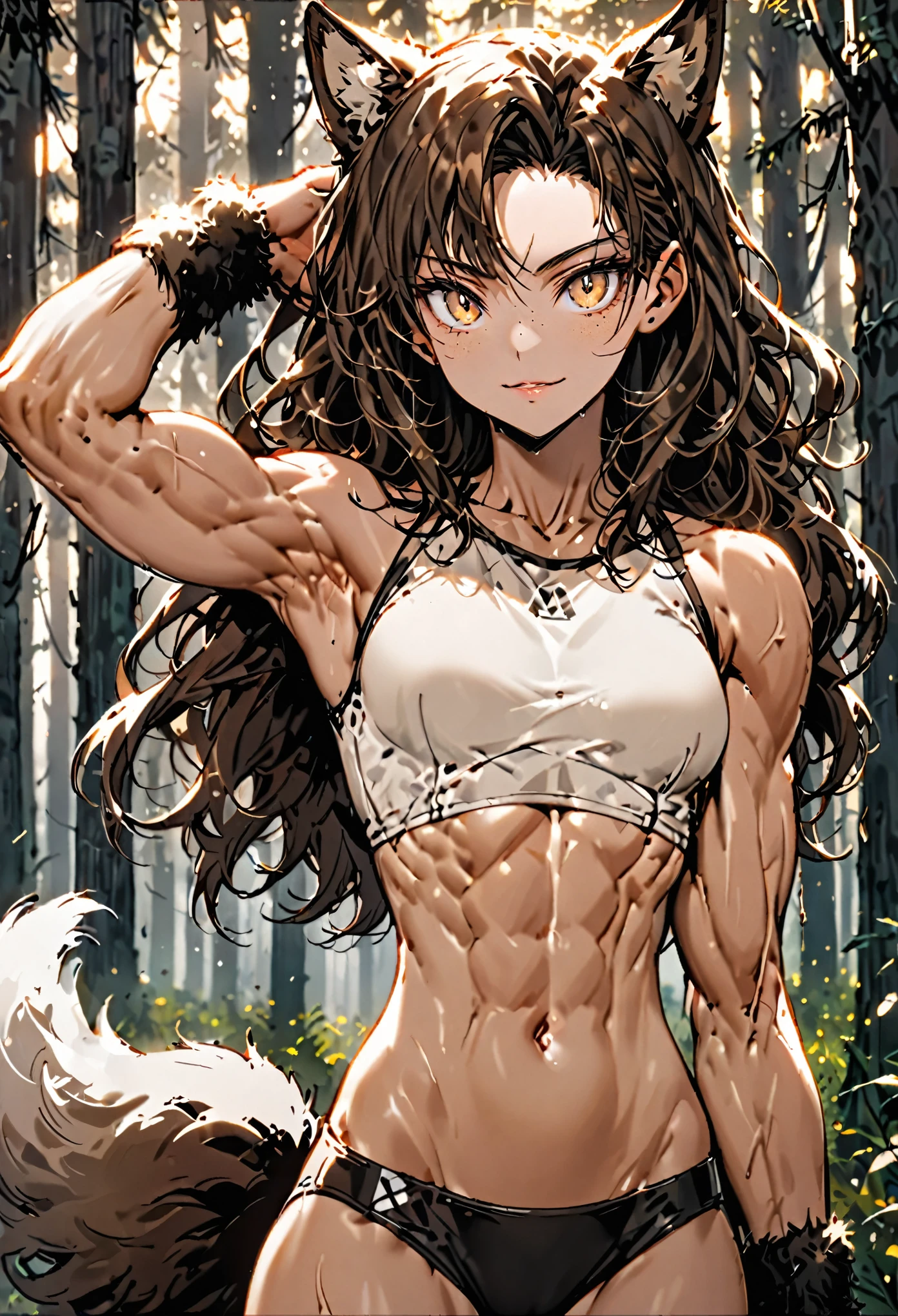 solo, female, sfw, medium shot, Chestnut brown hair, shoulder-length hair, wavy hair, silky hair, Amber eyes, slit pupils, Smooth skin, creamy complexion with a golden undertone, Athletic, toned, broad shoulders, slender waistline, strong, lean, agile, Freckles Scattered across her cheeks and shoulders, Visible veins and muscle fibers, thick fur, velvety fur, dark brown and white fur, brown wolf tail, fur on arms, forest, gentle smile, abs, paw hands