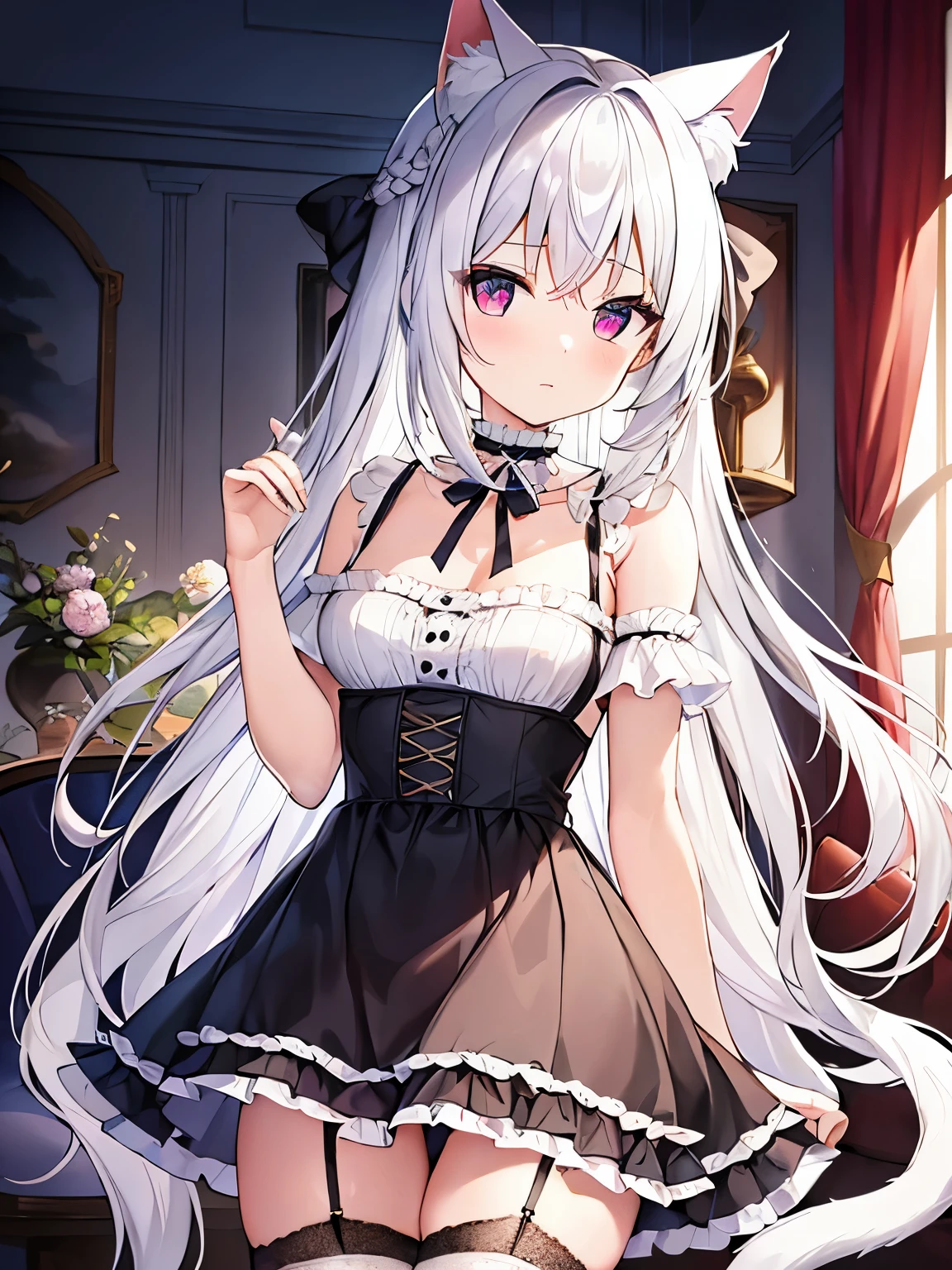 masterpiece, {{{{Highest quality}}}}, beautiful,1 girl, {{{White_long_hair}}}, {{{{One braid extending from the left side of the front hairline to the chest (one side only)}}}}, one side single braid, cat ears(White), cat tail(White), frilled choker、miniskirt_dress, bare_shoulders, garter belt,garter straps