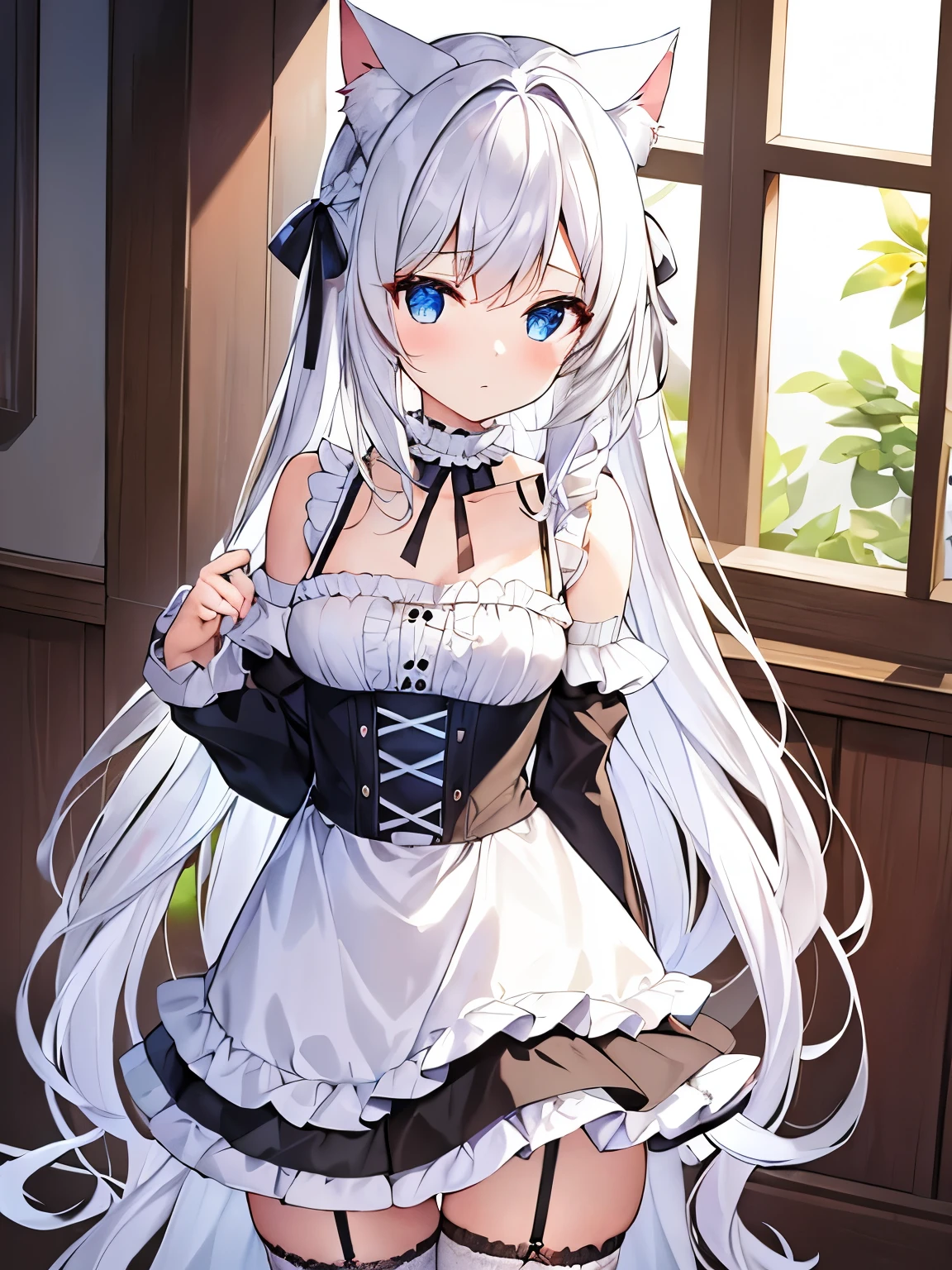 masterpiece, {{{{Highest quality}}}}, beautiful,1 girl, {{{White_long_hair}}}, {{{{One braid extending from the left side of the front hairline to the chest (one side only)}}}}, one side single braid, cat ears(White), cat tail(White), frilled choker、miniskirt_dress, bare_shoulders, garter belt,garter straps