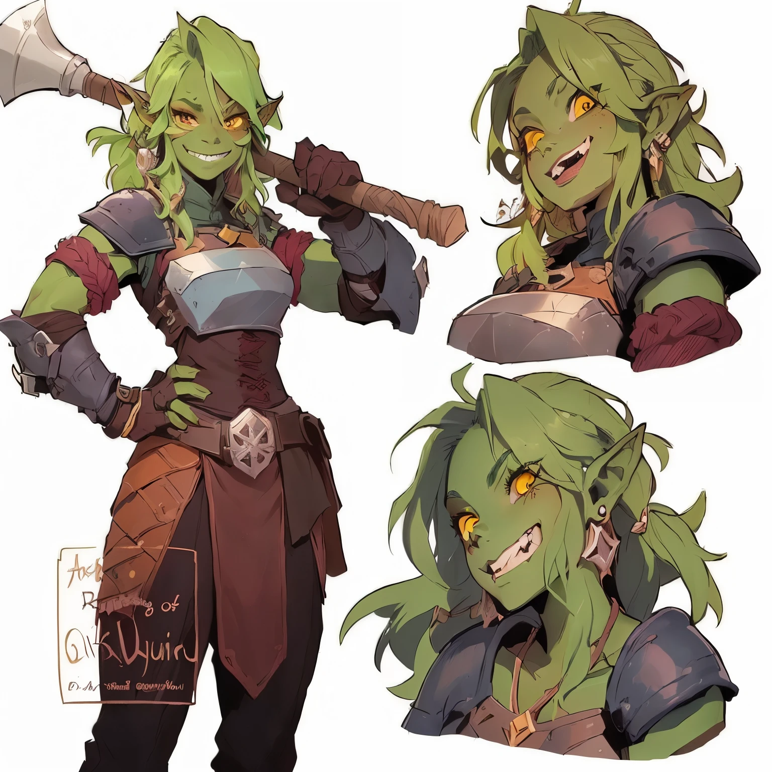 Un primer plano de un personaje de dibujos animados con un cabello verde, goblin girl dnpersonaje D, orco hembra, retrato femenino duende, Orca theme, hembra orco verde, d&D Rogue Goblin, como anuncionpersonaje D, como anuncio & personaje D, d&personaje D commission, lucio as a woman, d&personaje D, d & personaje D, orco fusionado con enredaderas