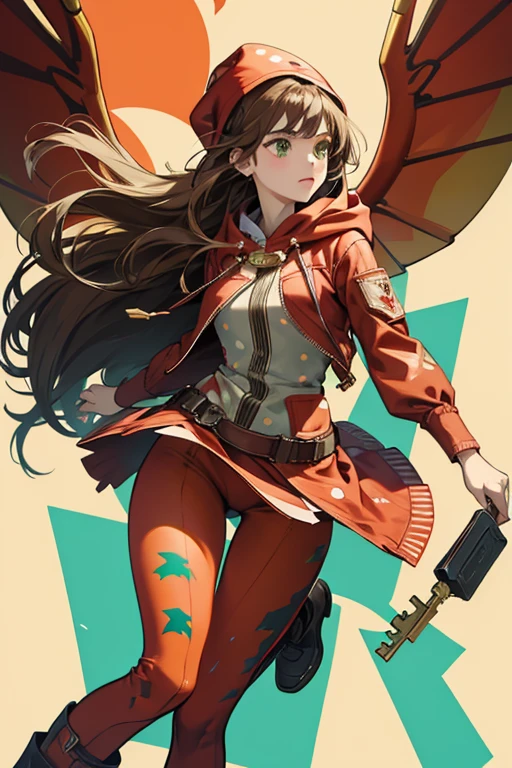 Lady has slanted, feminine green eyes and brown hair with bangs curled to the left. Lady wears a light red hood to match her polka-dot wings with a red key hanging from it. Her attire consists of ag rey parka with dot print, light red pumpkin pants with a light gold pack worn around her hip with her styling tools, dark grey tights, and turquoise shoes. SPARKLE; GLITTER