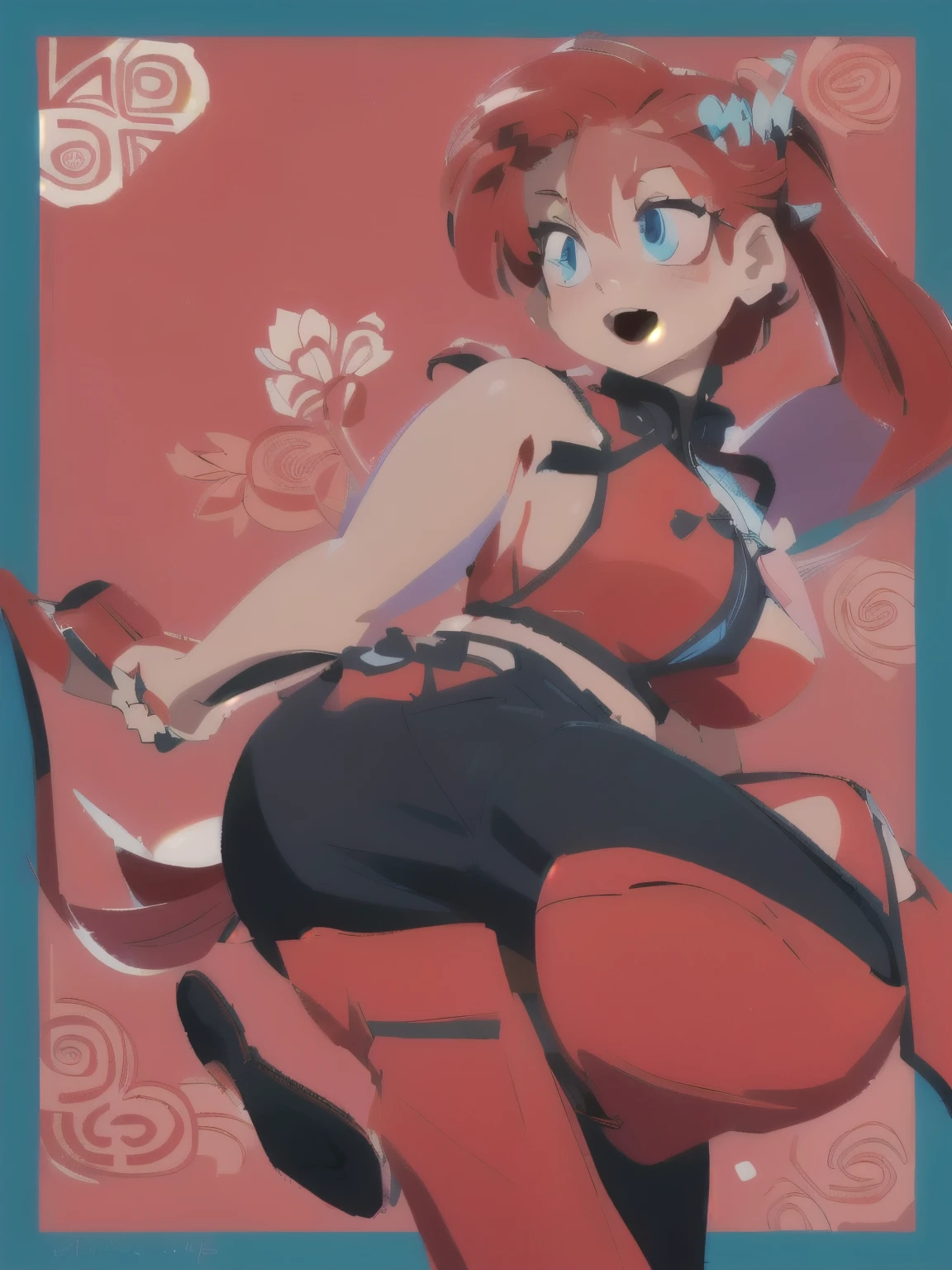 The image depicts a vibrant anime girl with long, fiery red hair pulled back in a ponytail, revealing expressive blue eyes. Her stance is dynamic, one leg bent at the knee, foot pointed towards the viewer, while the other leg is extended behind her, suggesting a swift movement. The girl is dressed in a striking outfit that combines traditional Chinese elements with a modern flair. She wears a short, red sleeveless top adorned with intricate floral patterns, revealing a glimpse of her midriff. The top's high collar is tied with a black bow, adding a touch of elegance. A black ribbon secures the top at the waist, while a pair of loose black pants, worn with a  hint of a  casual  "drop crotch"  style, complete the ensemble.  She's  confidently looking over her shoulder,  suggesting a  playful and  slightly mischievous personality. The overall style of the illustration is energetic and dynamic, with a blend of traditional and modern aesthetics, hinting at  a unique character with  a  powerful  and  perhaps  slightly rebellious  attitude. 
