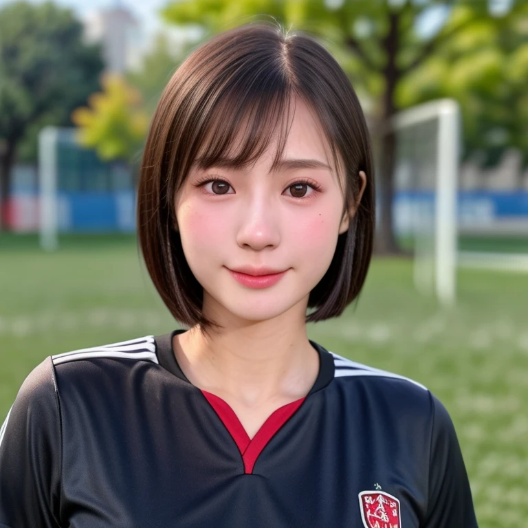 (kawaii 24 year-old Japanese girl, Nogizaka idol, Korean idol, soccer player), healthy female athlete body, (glossy black hair, very short hair, bangs:1.3), beautiful black eyes, rounded face, single eyelid, (no makeup:1.2), (soft smiling:1.2), (soccer uniform:1.3), extra small breasts, BREAK, (park background, summer daytime:1.2), (dynamic angle, bust shot:1.2), BREAK, (masterpiece, best quality, photo realistic, official art:1.4), (UHD, 8K quality wallpaper, high resolution, raw photo, golden ratio:1.3), (shiny skin), professional lighting, physically based rendering, award winning, (highly detailed skin texture, extremely detailed face and eyes textures), Carl Zeiss 85 mm F/1.4, depth of field, (1girl, solo),