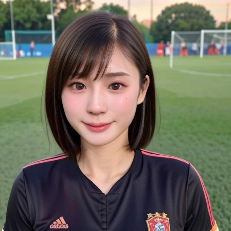 (kawaii 24 year-old Japanese girl, Nogizaka idol, Korean idol, soccer player), healthy female athlete body, (glossy black hair, very short hair, bangs:1.3), beautiful black eyes, rounded face, single eyelid, (no makeup:1.2), (soft smiling:1.2), (soccer uniform:1.3), extra small breasts, BREAK, (park background, summer daytime:1.2), (dynamic angle, bust shot:1.2), BREAK, (masterpiece, best quality, photo realistic, official art:1.4), (UHD, 8K quality wallpaper, high resolution, raw photo, golden ratio:1.3), (shiny skin), professional lighting, physically based rendering, award winning, (highly detailed skin texture, extremely detailed face and eyes textures), Carl Zeiss 85 mm F/1.4, depth of field, (1girl, solo),