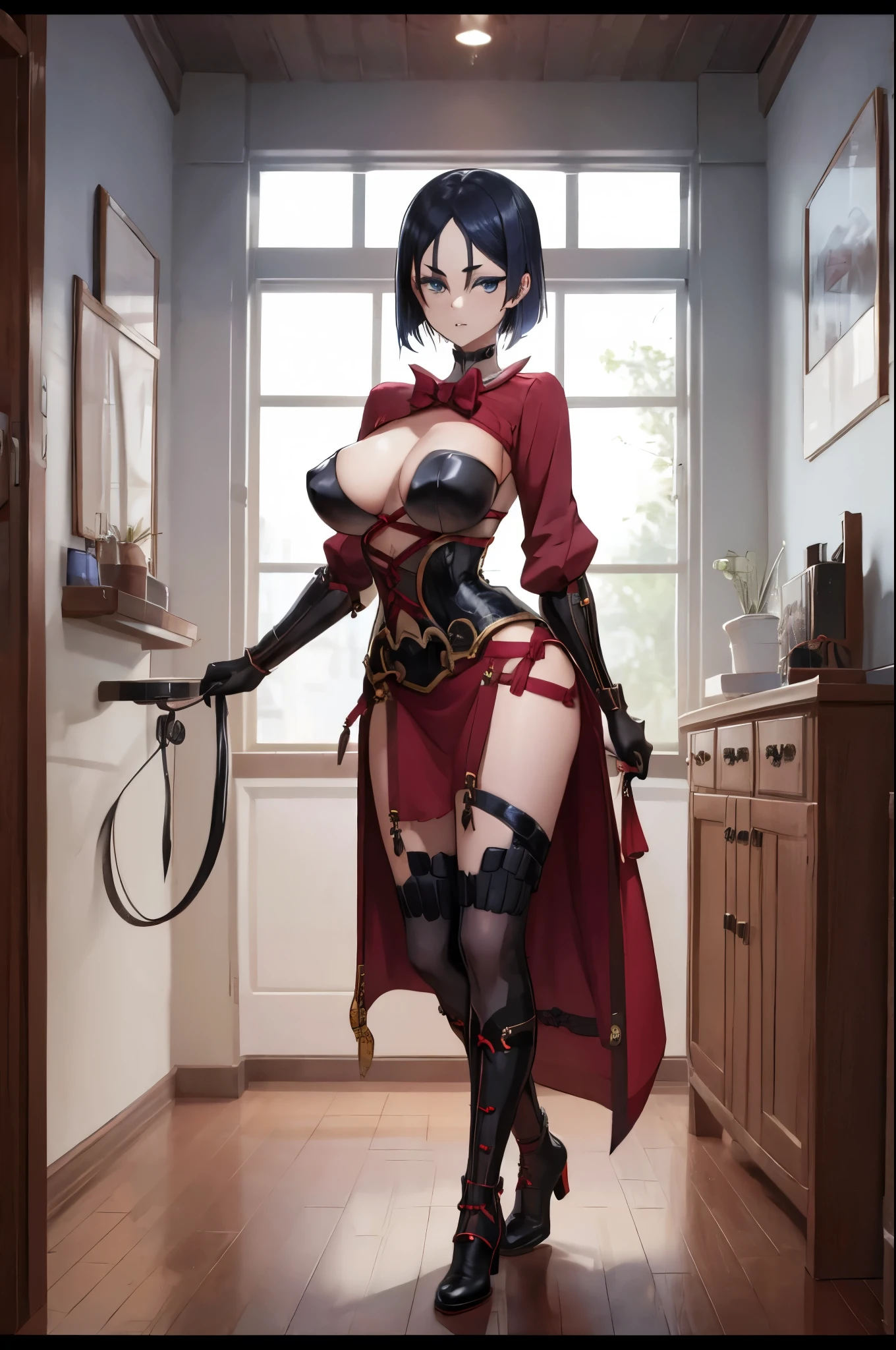 A woman is alone in the room, Wearing a red gothic dress, Wearing a corset, Wearing black latex short gloves, Dark atmosphere, Cute Japan girl face in the style of Minami Hamabe, Sanpaku's blue eyes, slender, The whole body is shown, A dark-haired, Short Bob, Wearing lace-up boots, pale complexion, Red Eyeliner, double tooth, Maiden, Best Quality