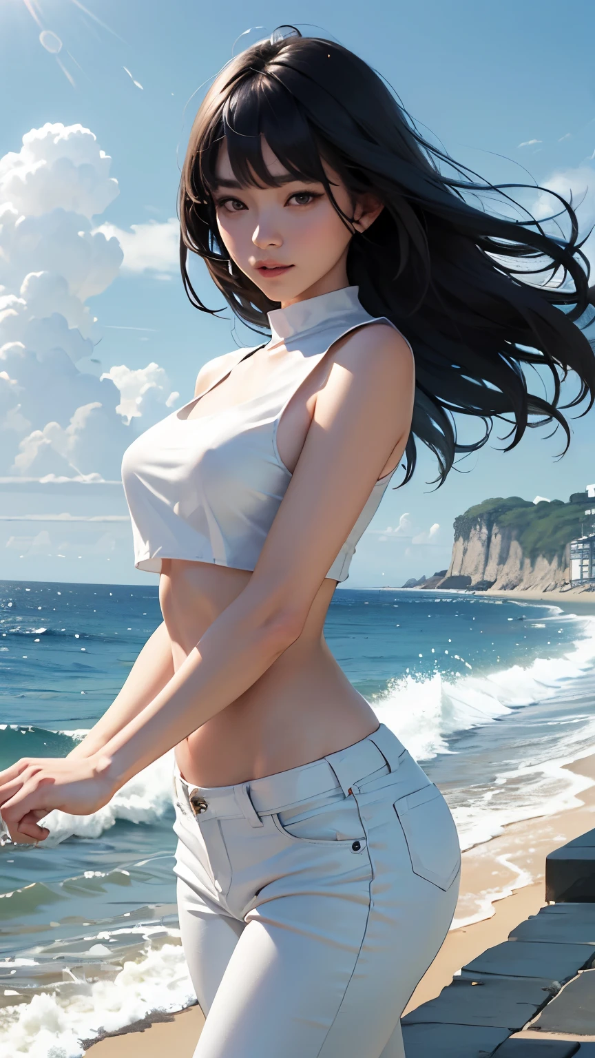 (logo、masterpiece、8k、Tabletop、RAW Photos、wonderful、最high quality、Photorealistic and Very detailed CG integrated 8k wallpaper、high quality、Very detailed、Narrative poem、Particle Effects、Dynamic Effects、Written boundary depth、Cinematic Light、Lens flare、Ray Tracing)、Fantasy、 (One beautiful woman、White pants、White T-shirt、White tube top、White crop top、Black-haired、Beautiful Face、True Face、Beautiful details、eye、Beautiful Skin、Ultimate Body、glamorous)、私の髪はWindに舞う、Hair flutters in Wind、Hair bounces、Seaside、wonderful景色、Coastal、sunrise、Sun in the background、Wind、Beach