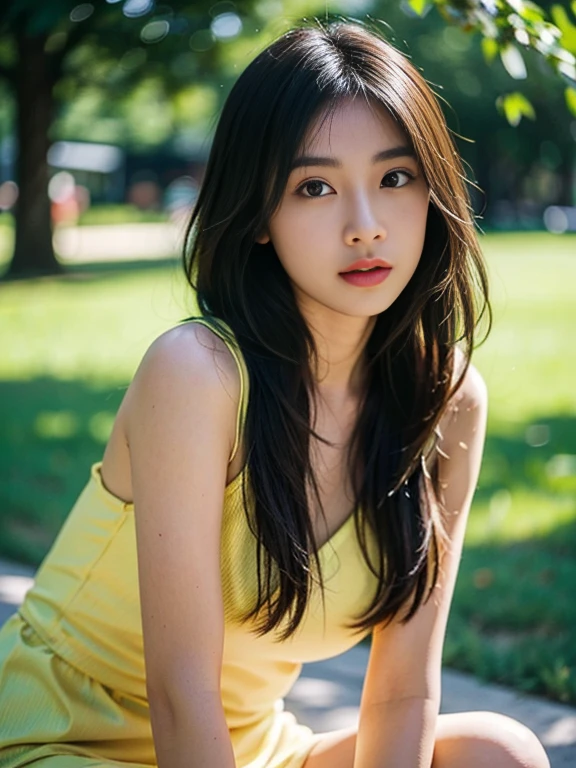 A photorealistic portrait of a 21-year-old Asian girl with long, flowing dark hair and striking dark eyes. She should have a natural, approachable expression and be illuminated by soft, golden-hour sunlight. The background should be a scenic outdoor setting, perhaps a sunlit park or beach. Capture this image with a high-resolution photograph using an 85mm lens for a flattering perspective.