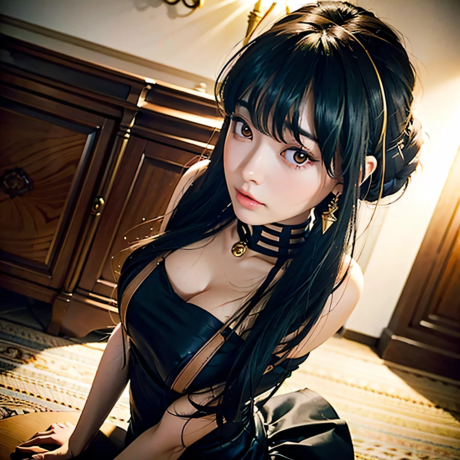 a beautiful young girl with large, expressive eyes, delicate facial features, and fluffy chestnut hair posing confidently while wearing a Spy x Family Yol Forger costume, the image captured as a high-quality, realistic SLR photograph with exceptional detail, vivid colors, and perfect balance, showcasing the girl's striking beauty and the intricate costume design, the lighting and composition drawing the viewer's attention to the subject's captivating gaze.