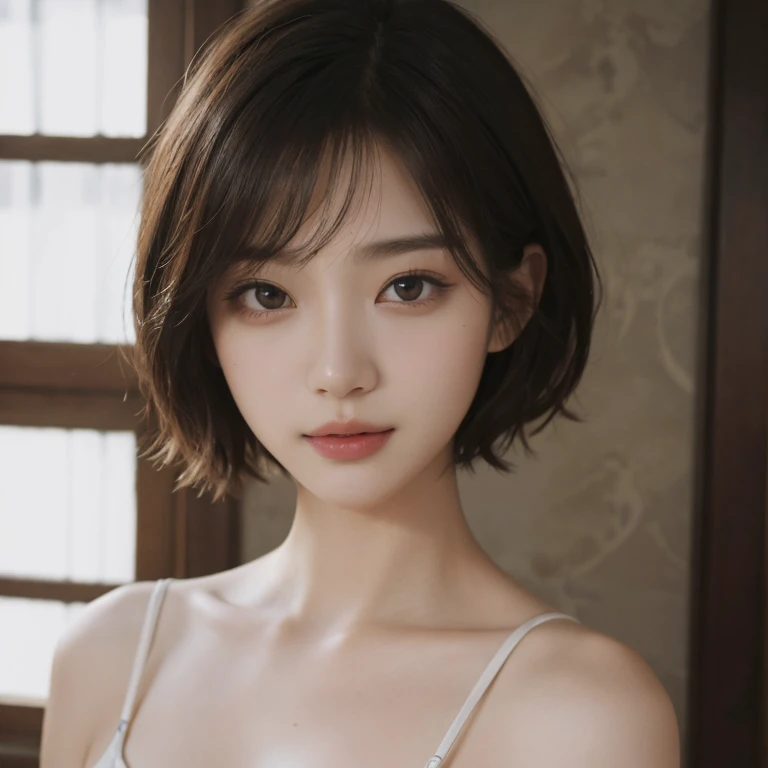 ​nsfw, masterpiece、The highest image quality、high quality、Beautiful Women、Japanese、Popular Korean Makeup、detailed、Swollen eyes、A detailed eye、Detailed skin、Beautiful skins、超A high resolution、(Reality:1.4)、very extremely beautiful、Slightly younger face、Beautiful skins、thin-waist、(A hyper-realistic)、(illustration)、(high resolution)、(8K)、(highly detailed), (The best illustrations)、(beautifully detailed eyes)、(ultra details)、(wall-paper)、(Detailed face)、looking at the viewers、fine detailed、 A detailed face、pureerosfaceace_v1、a smile、Looking straight ahead、photos realistic、Bright lighting、professional lighting、Colorful hair color、(((very_short_hair)))、brightly lit room、painterly、picture frame, (sleep thin sexy clothes), (naked:1)