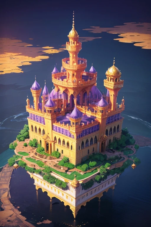 floating island with golden Muslim palace with vegetation and rivers with a tower in the center with a purple fire and blue sky background