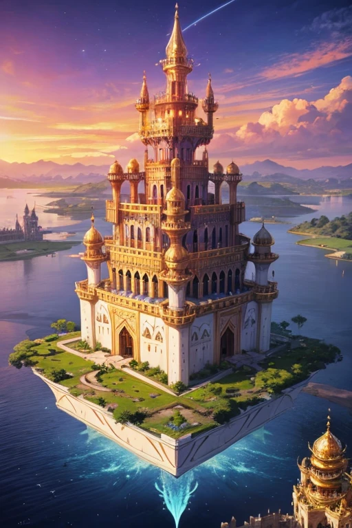 floating island with golden Muslim palace with vegetation and rivers with a tower in the center with a purple fire and blue sky background